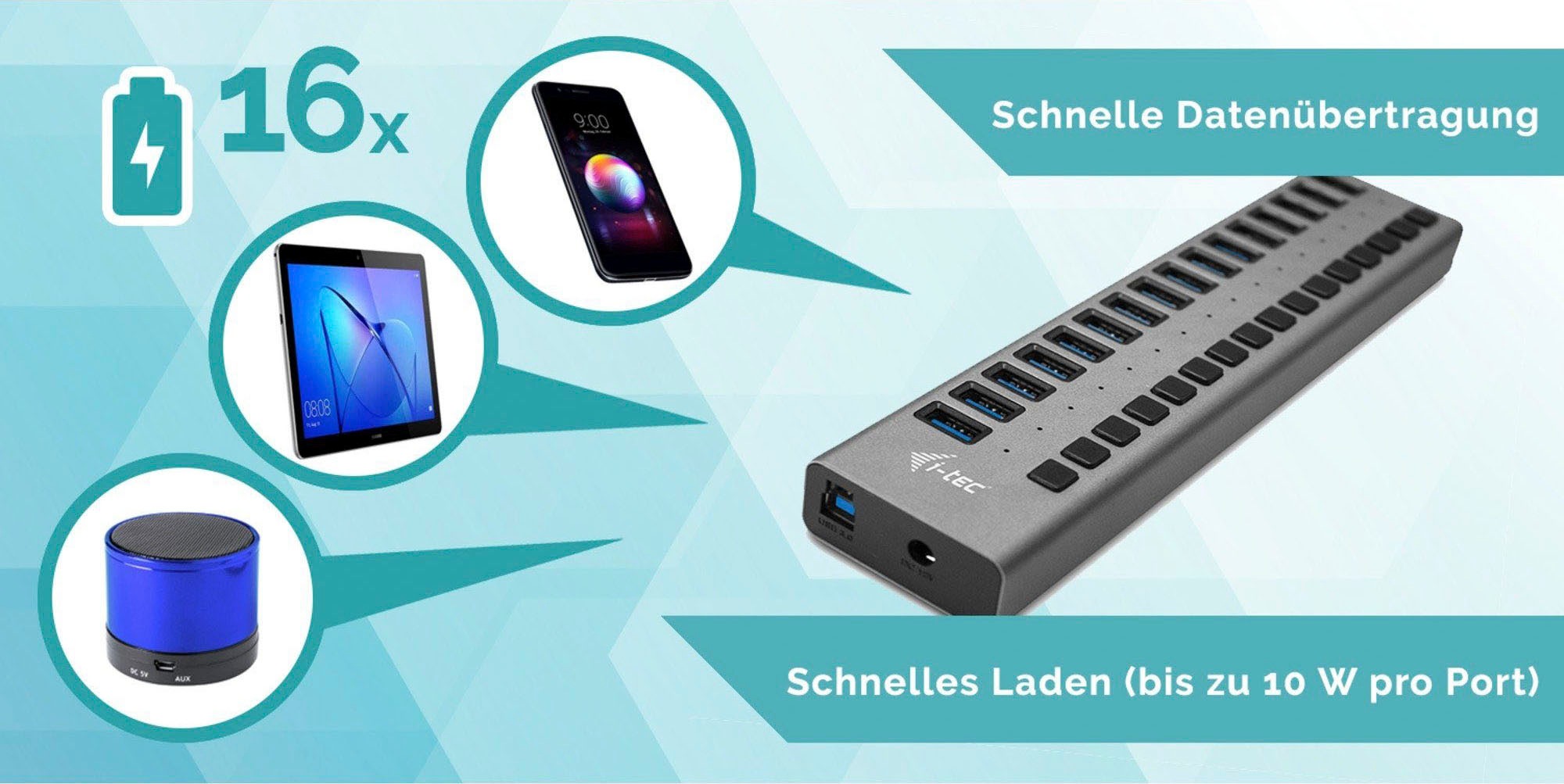 I-TEC USB-Ladegerät »USB 3.0 Charging HUB 16port + Power Adapter 90 W«, (1 St.)