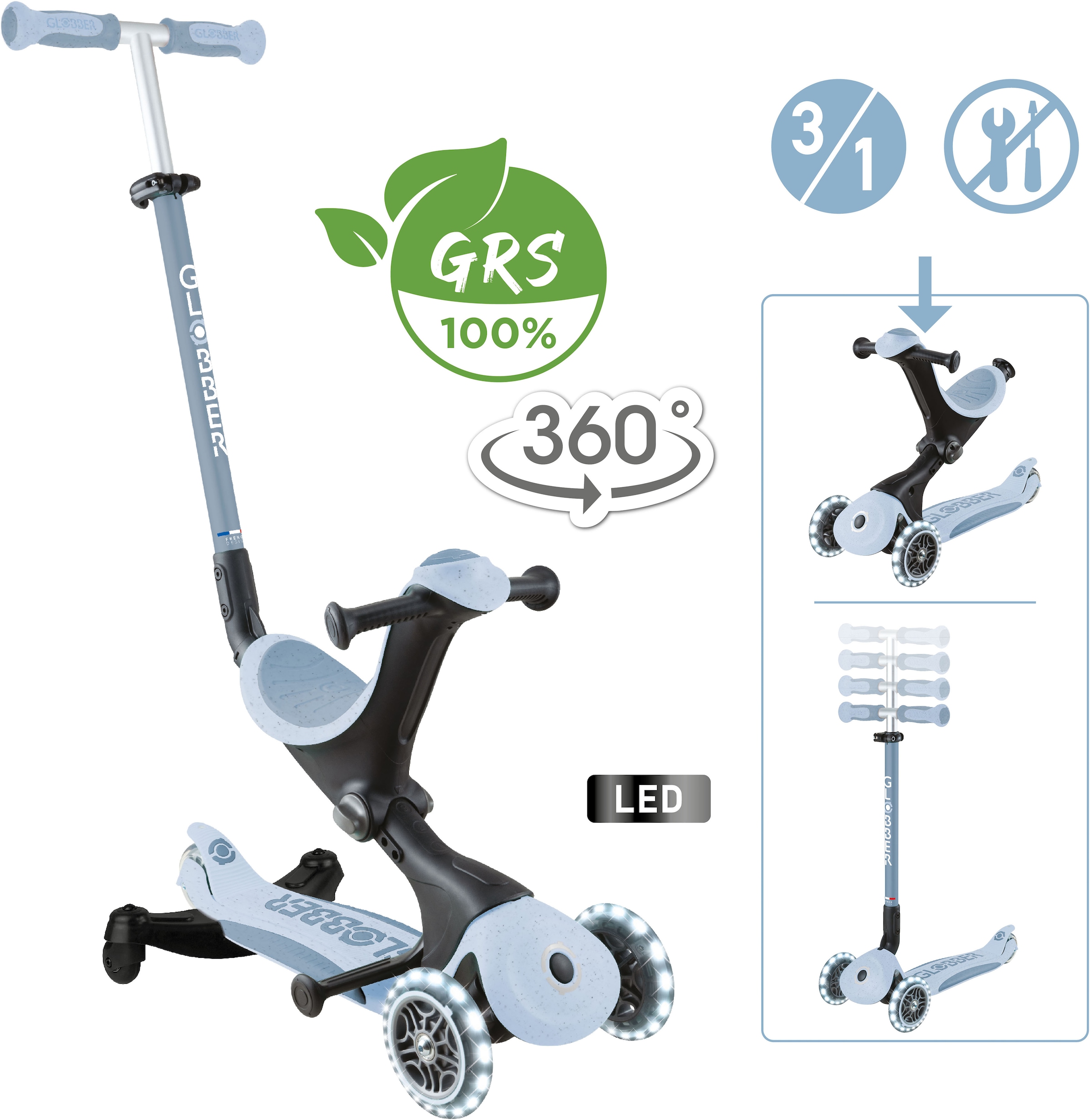 Globber Tretroller »GO-UP DELUXE LIGHTS ECO 360, mit Leuchtrollen« Aufsitzrad mit Schubstange, Laufrad und Scooter