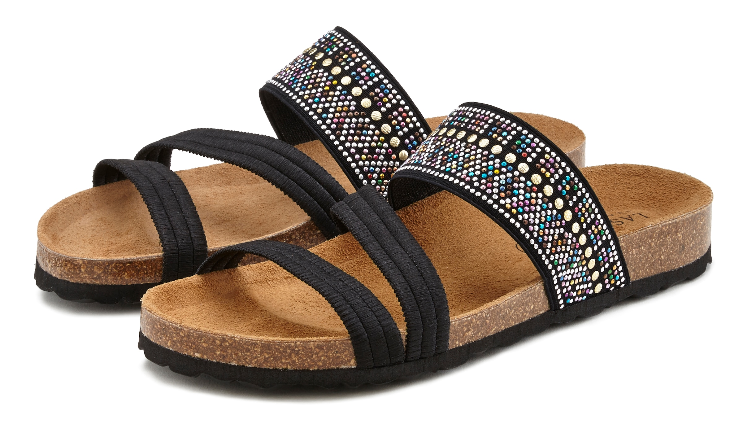 LASCANA Pantolette »Mule, Sandale, offener Schuh, Sommerschuh,«, mit Komfortkorkfußbett aus Leder und elastischen Riemen