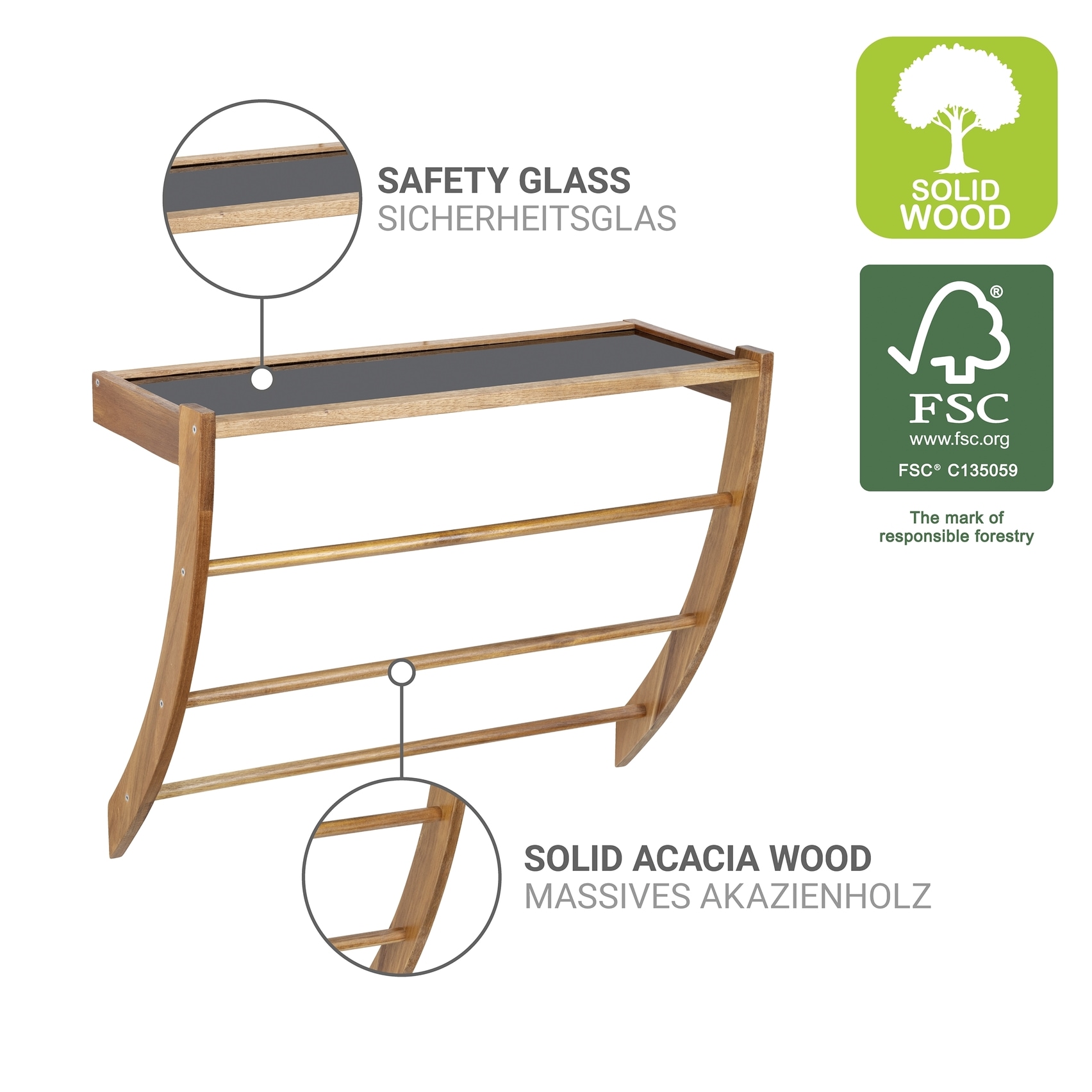 WENKO Wandregal »Fondi« Badregal mit Ablage aus Glas und 3 Handtuchstangen, Akazienholz