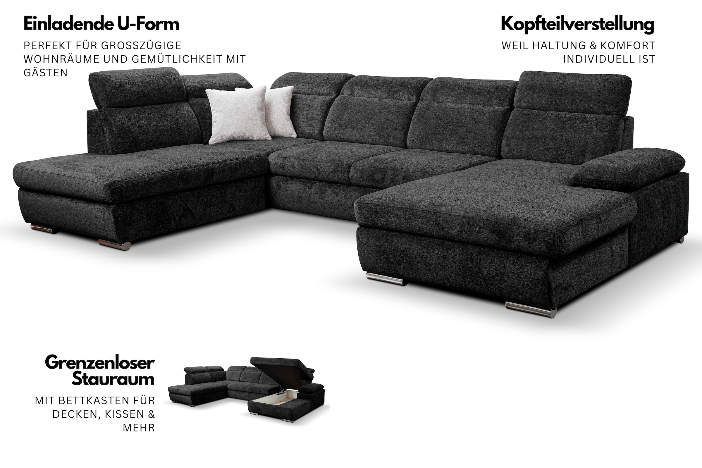 WERK2 Wohnlandschaft »Cordoba inkl. Bett & Bettkasten, Kopfteilverstellung, zeitlos, elegant« Struktur, U-Form, XXL, Schlaffunktion, Bettkasten