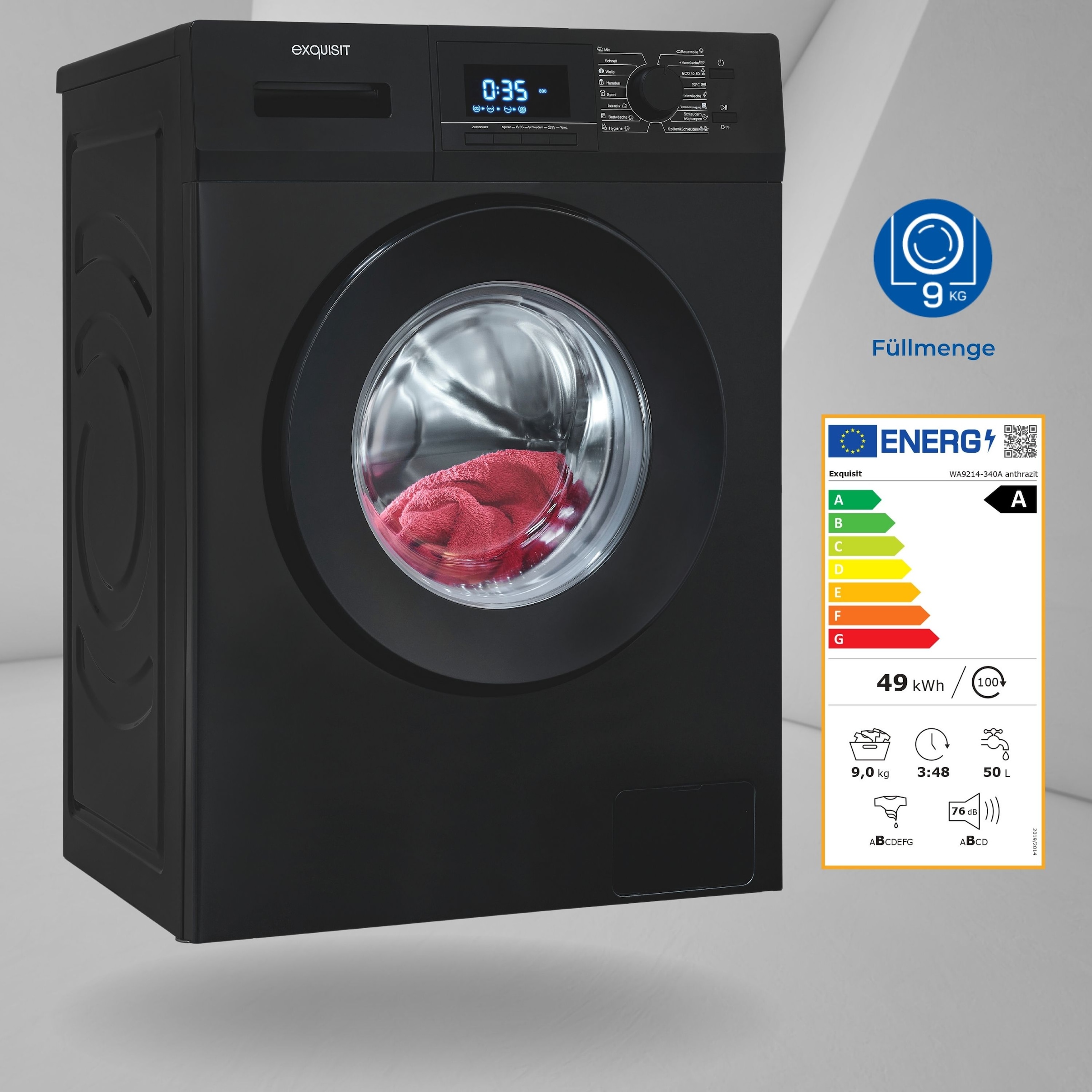 exquisit Waschmaschine »WA9214-340A anthrazit«, 9 kg, 1400 U/min, Aquastop-Schlauch