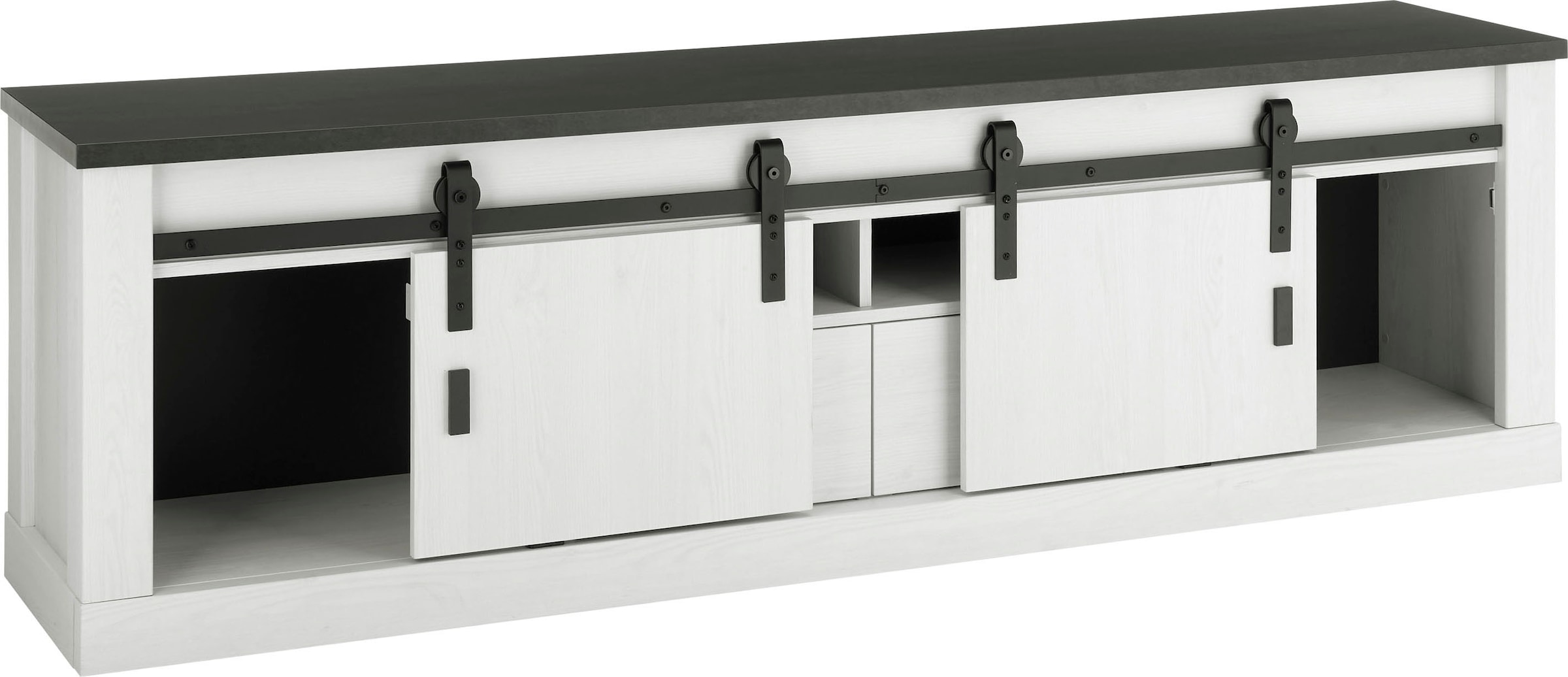 Home affaire Lowboard »SHERWOOD«, modernes Holz Dekor, mit Scheunentorbeschlag aus Metall, Breite 201 cm