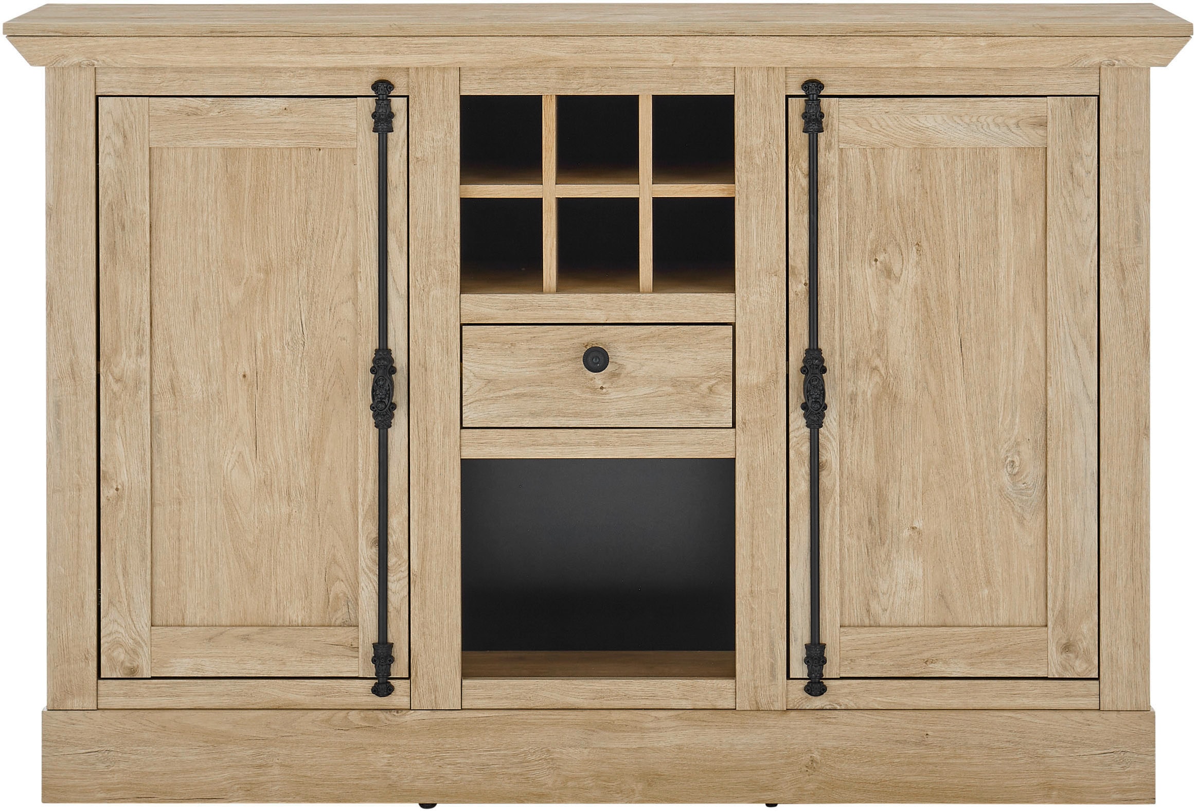 Home affaire Highboard »Cornwall, Kommode im Landhausstil, Schrank, Sideboard, Eiche Dekor«, (1 St.), verschnörkelte Metallgriffe, ausreichend Stauraum, 152 cm breit