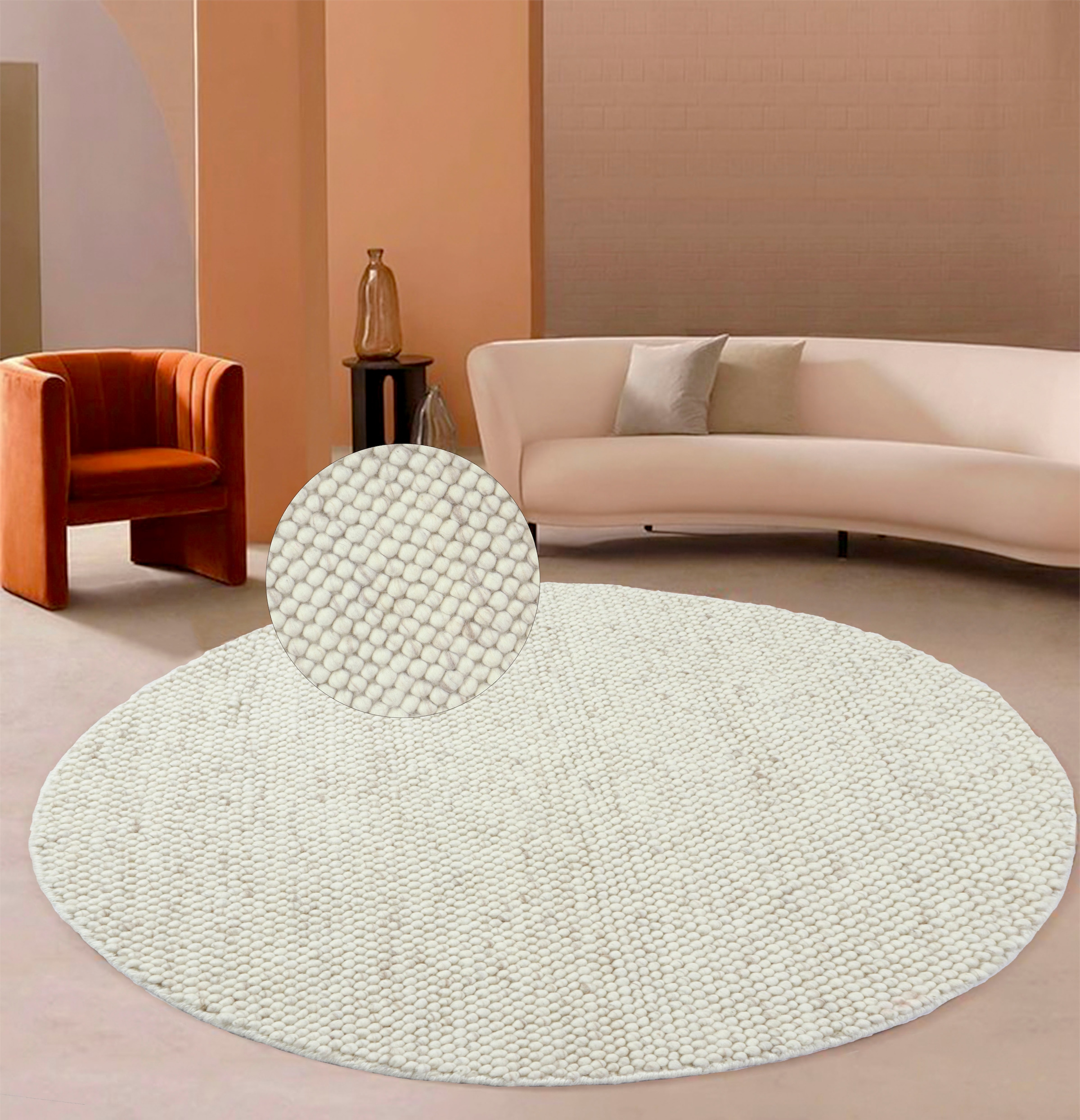 Teppich »Ainhoa, handgewebt, Wolle«, rund, 120cm, einfarbig, Handweb Teppich,...