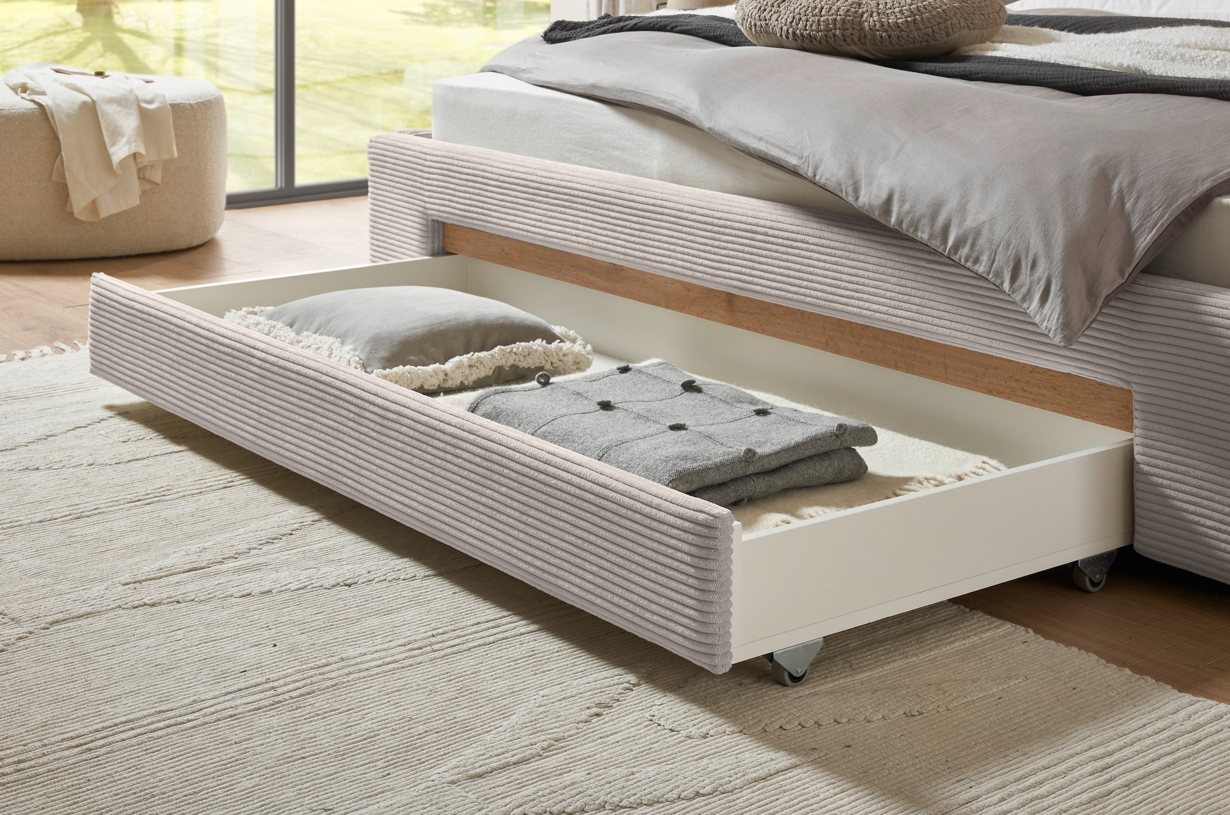 INOSIGN Polsterbett »CiTY/GiRON, Bettgestell mit Bettkasten, gepolstertes Stauraumbett«, mit Hundebett oder Stauraumschublade, Bezug Cord-oder Leinenoptik