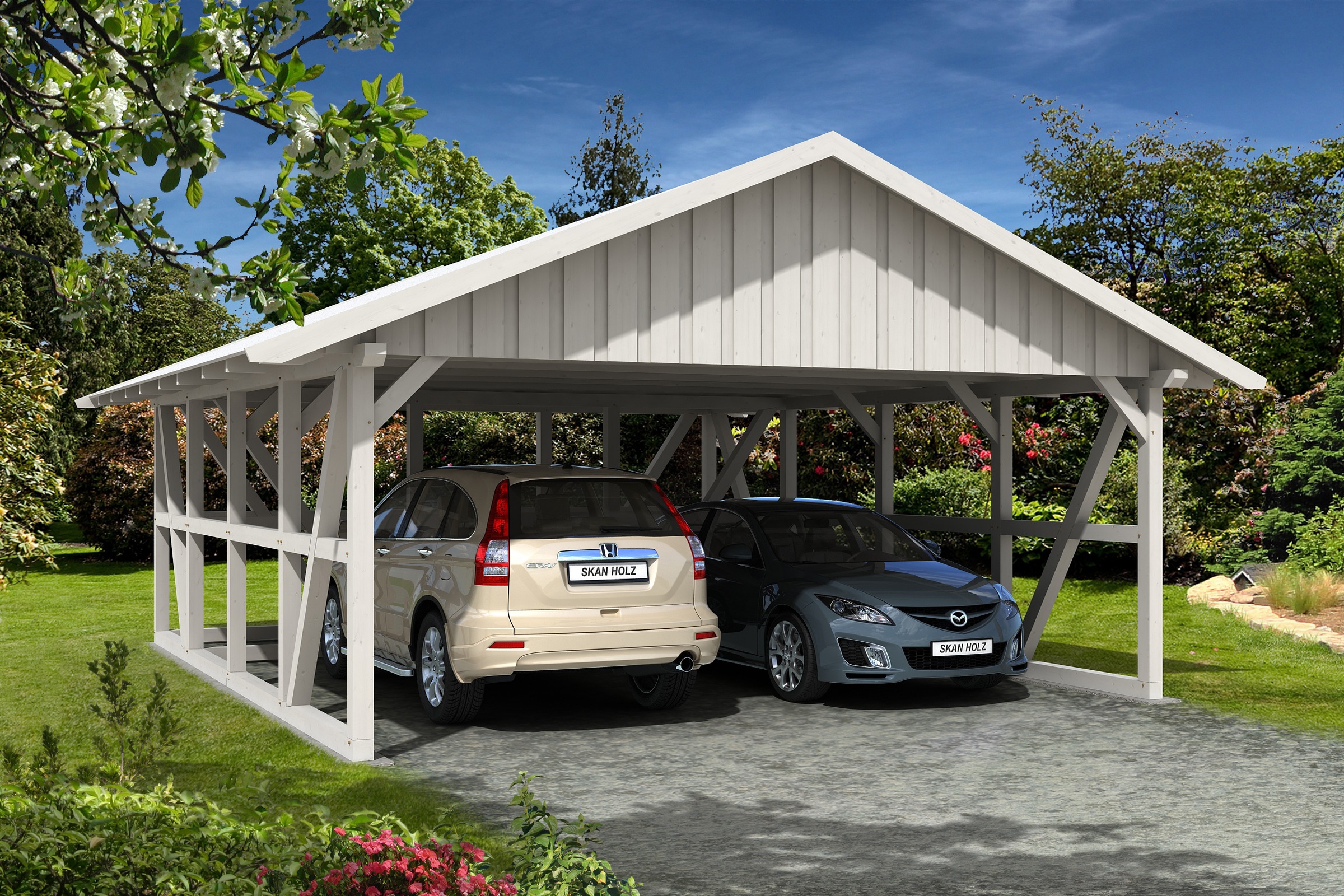Skanholz Doppelcarport »Schwarzwald«, KVH-Fichte, 560 cm, Weiß, mit Abstellraum 3, mit Dachschalung