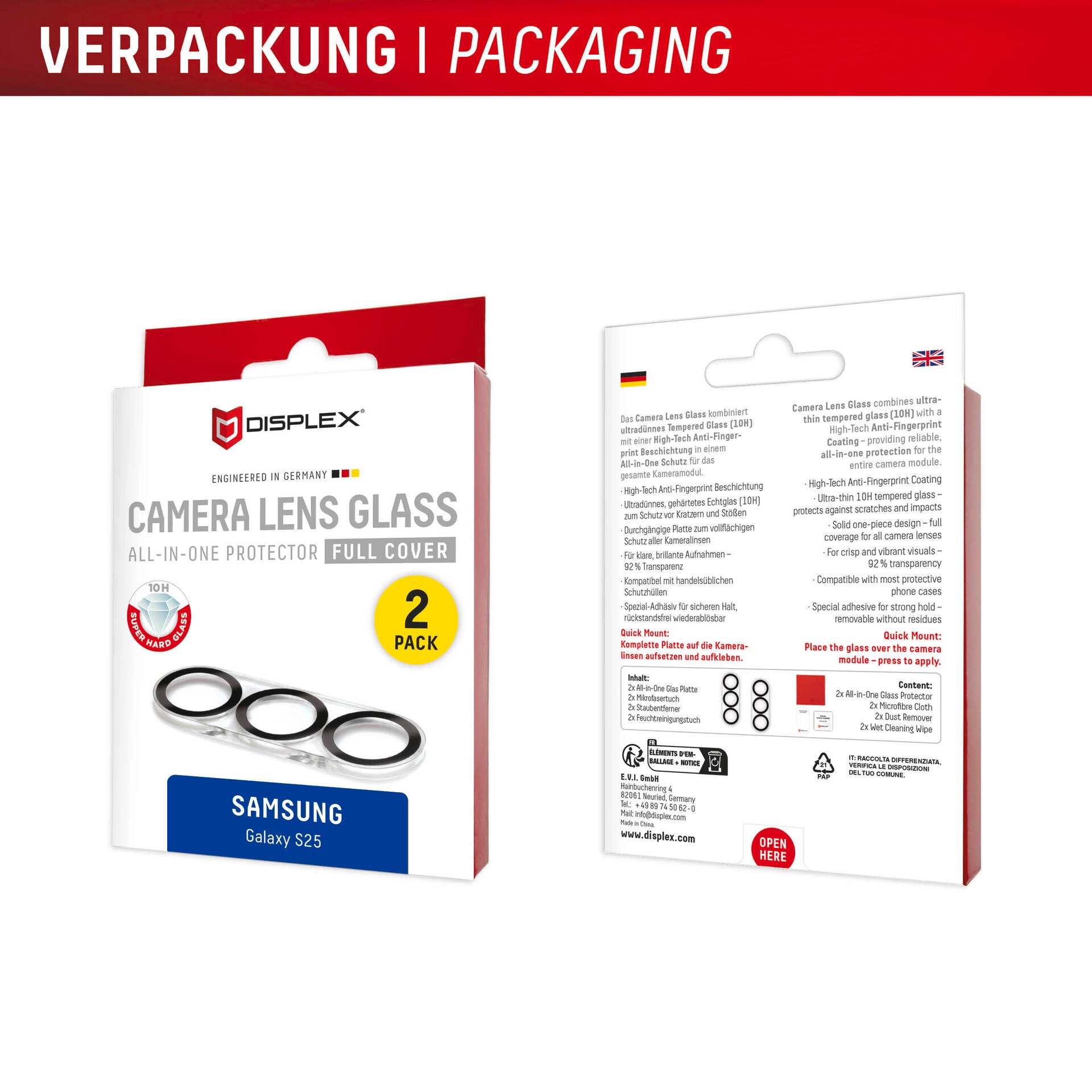 Displex Kameraschutzglas »Camera Lens Glass All-In-One Protector Full Cover« für Samsung Galaxy S25 Packung, 2x All-In-One Glas,  Objektivschutz, Kameraschutz, kratz- & stoßfest