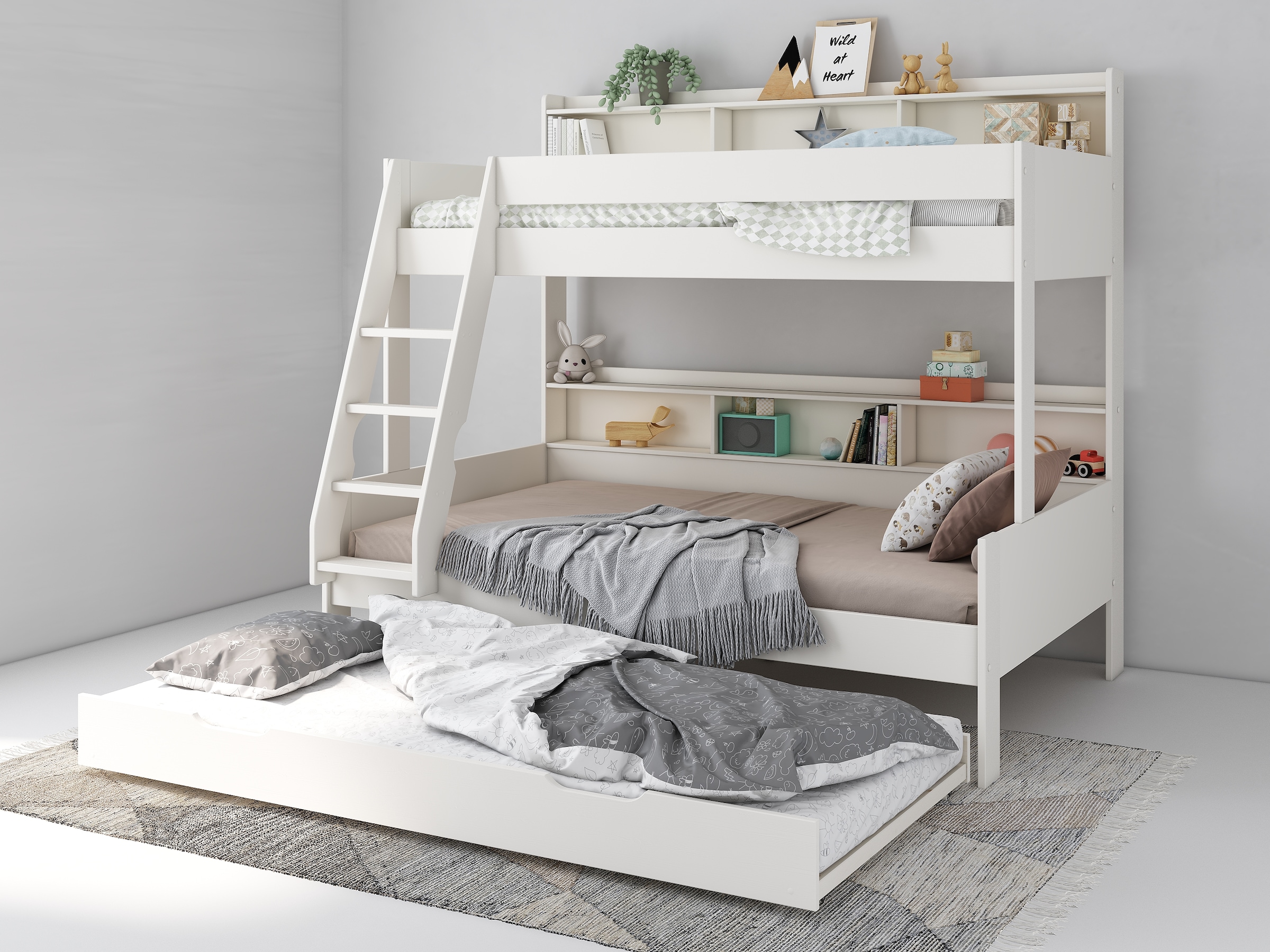 Lüttenhütt Etagenbett »Jaime II, Stockbett, viel Stauraum, mit Regalen, Massivholz mit MDF«, (Oberes Bett 90x200cm, unteres Bett 120x200cm), breite Liegefläche unten, FSC®, Made EU, 3. Schlafgelegenheit optional