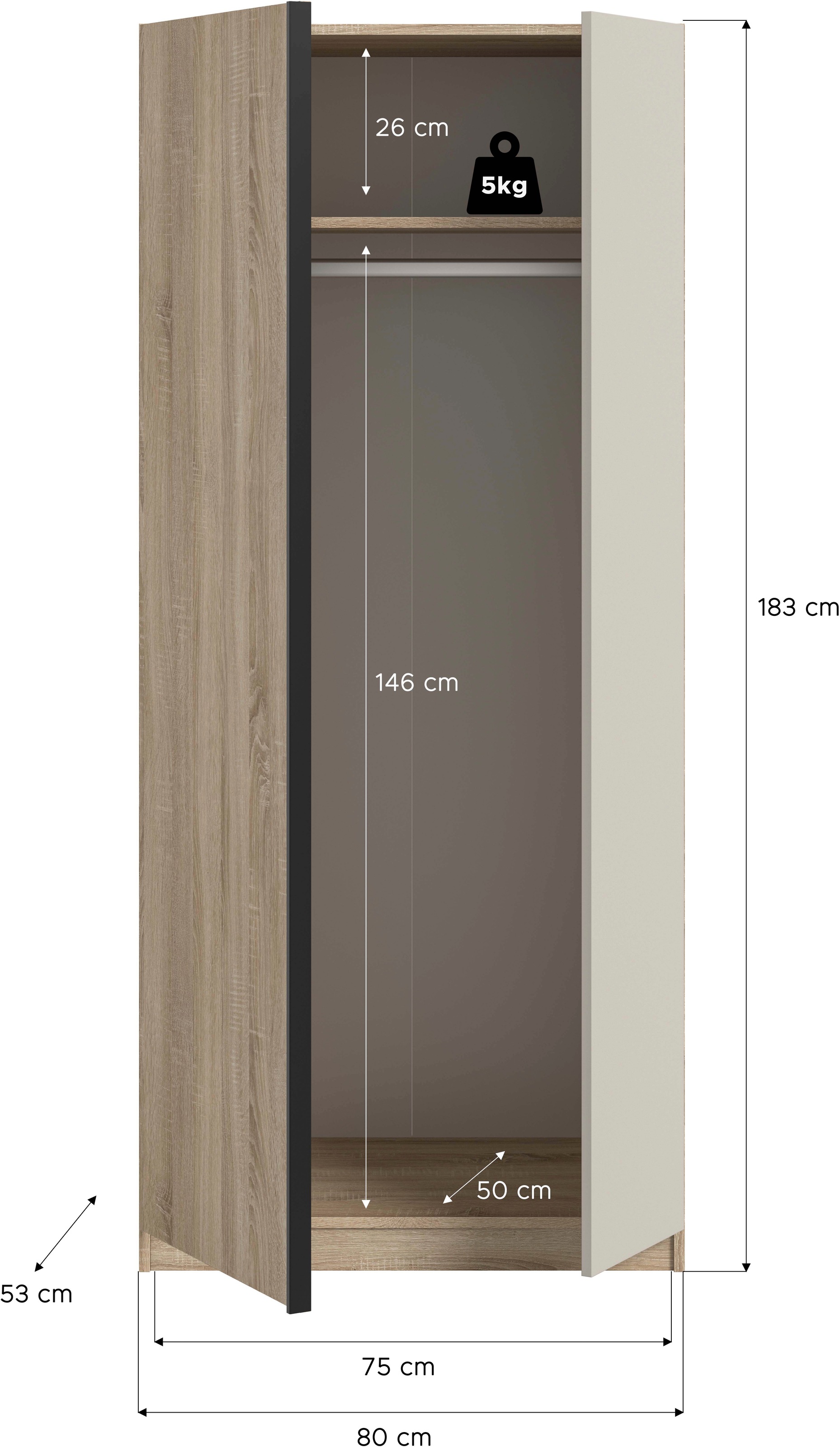 Home affaire Kleiderschrank »BENDINGO, TOPSELLER!, Schlafzimmerschrank, Schrank, Garderobenschrank«, (OTTO BESTSELLER, Garderobe & Schlafzimmer), Breite 80cm, Eiche NB, 2-türig, inkl 1 Kleiderstange und 1 Ablageboden