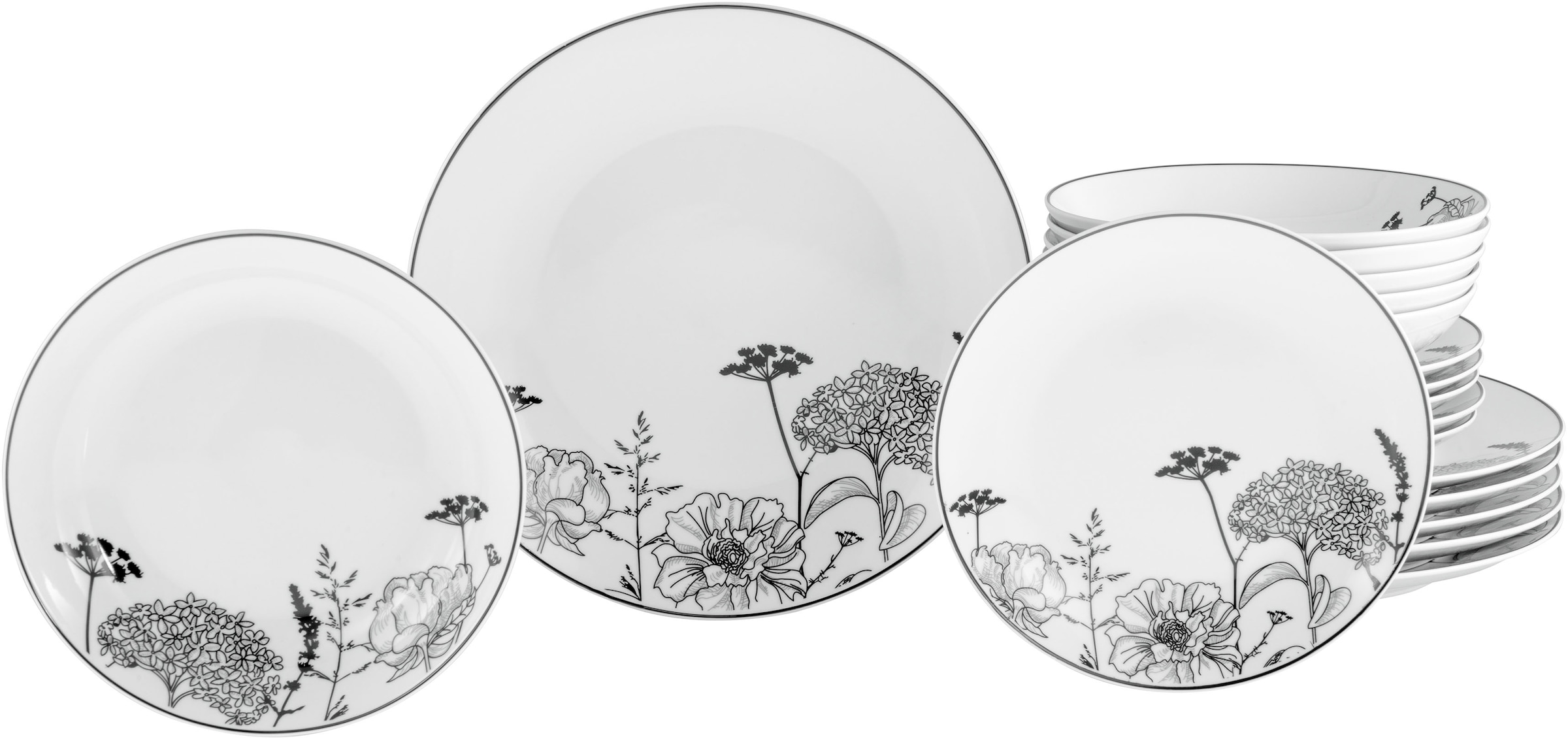 CreaTable Teller-Set »Luna Black Flower, Tellerset 18-tlg« Harmonische Coup günstig online kaufen