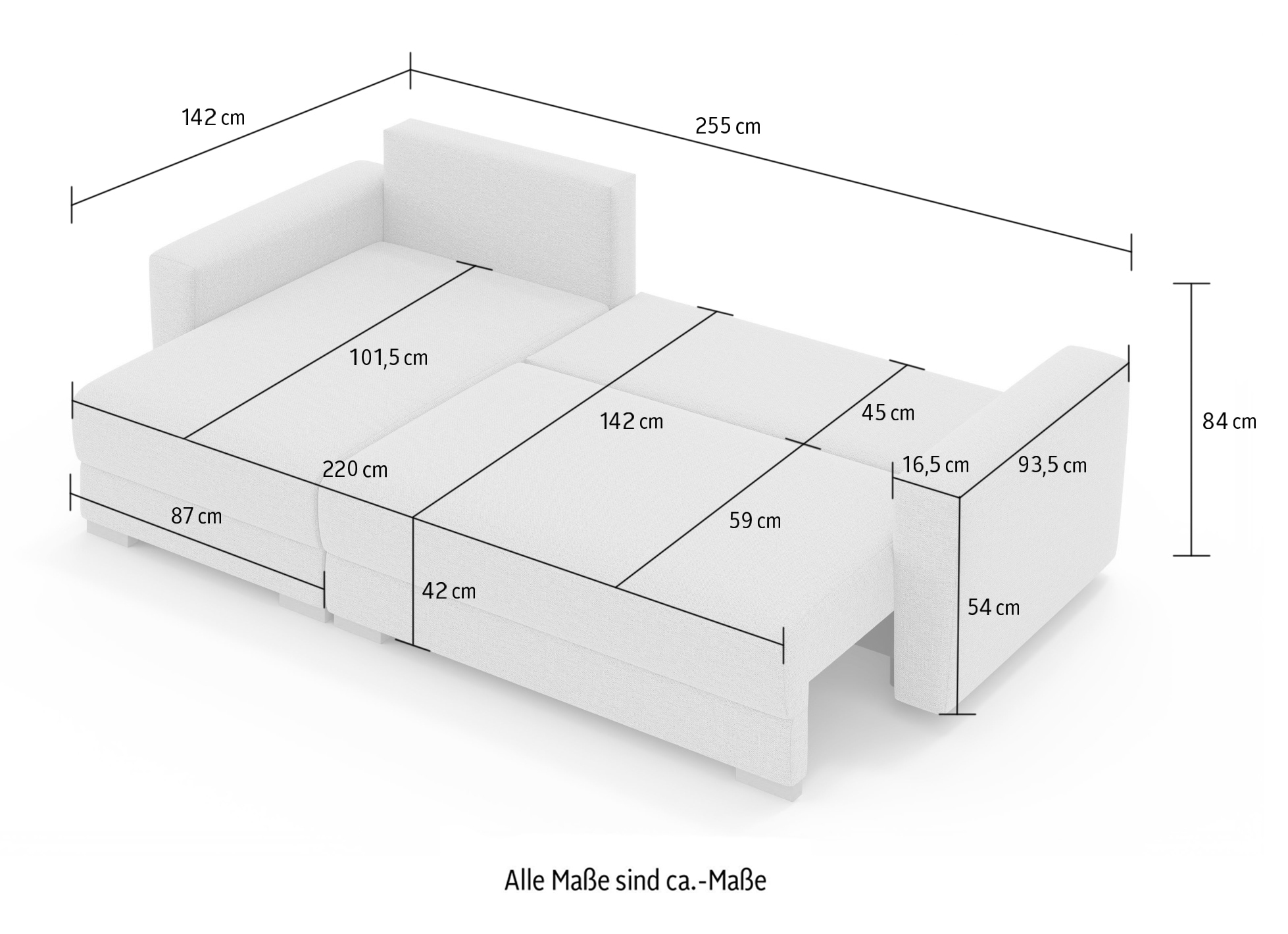 Home affaire Ecksofa »MAGHERA universell Schlafsofa mit Bettkasten, Maße B/T/H: 255/142/84cm« L-Form mit Recamiere rechts oder links montierbar, hoher Sitzkomfort