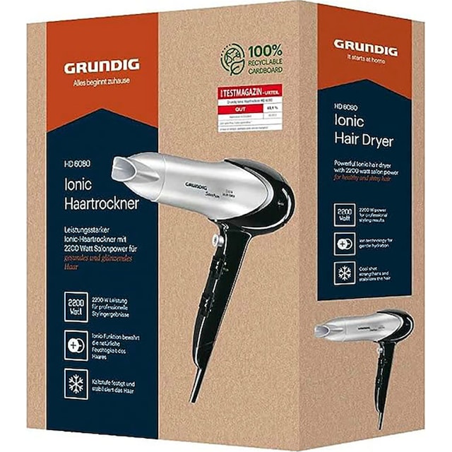 Grundig Haartrockner »HD 6080«, 2200 W, 1 Aufsätze, drei Temperaturstufen,  zwei Gebläsestufen und eine schmale Stylingdüse für perfekte Ergebnisse  bequem kaufen