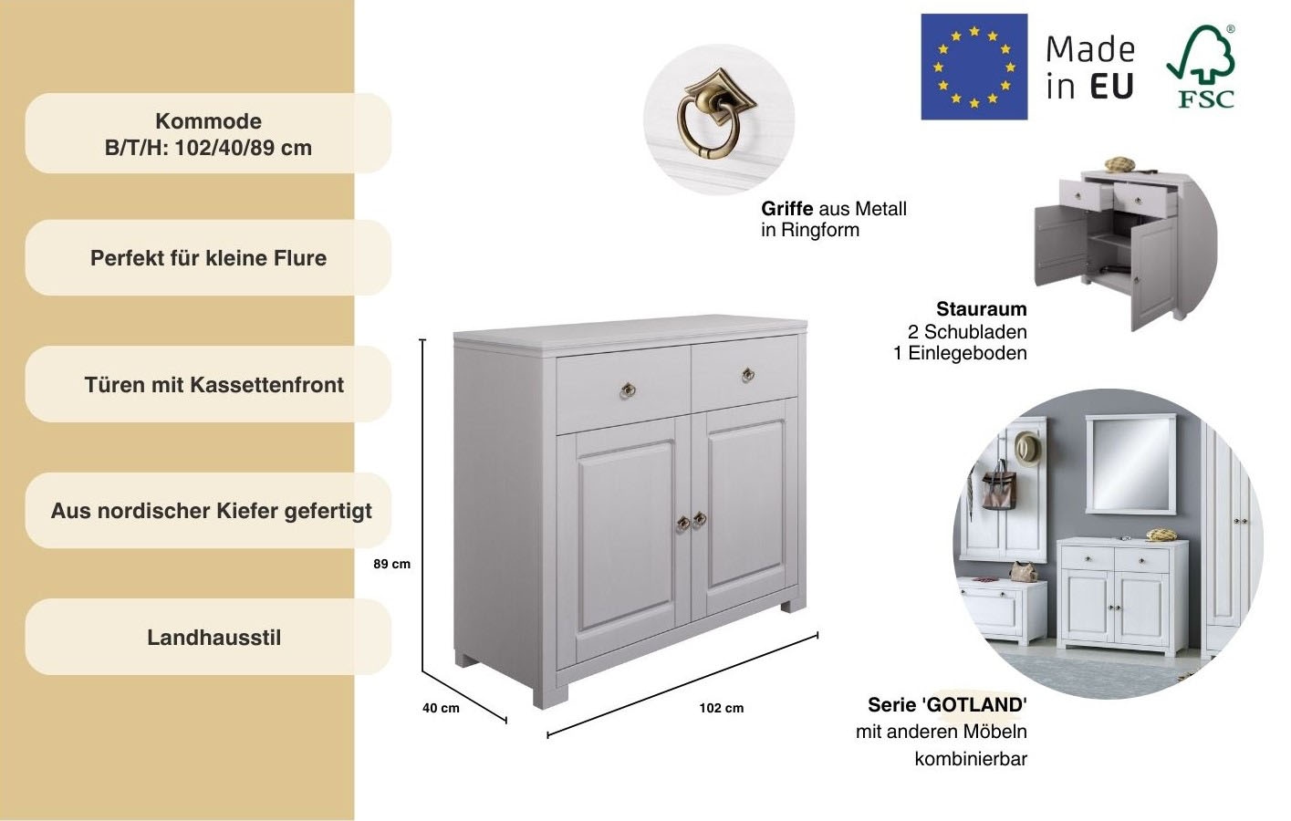 Home affaire Kommode »Gotland«, aus massiver Kiefer, mit 2 Schubladen, FSC®, Breite 102 cm