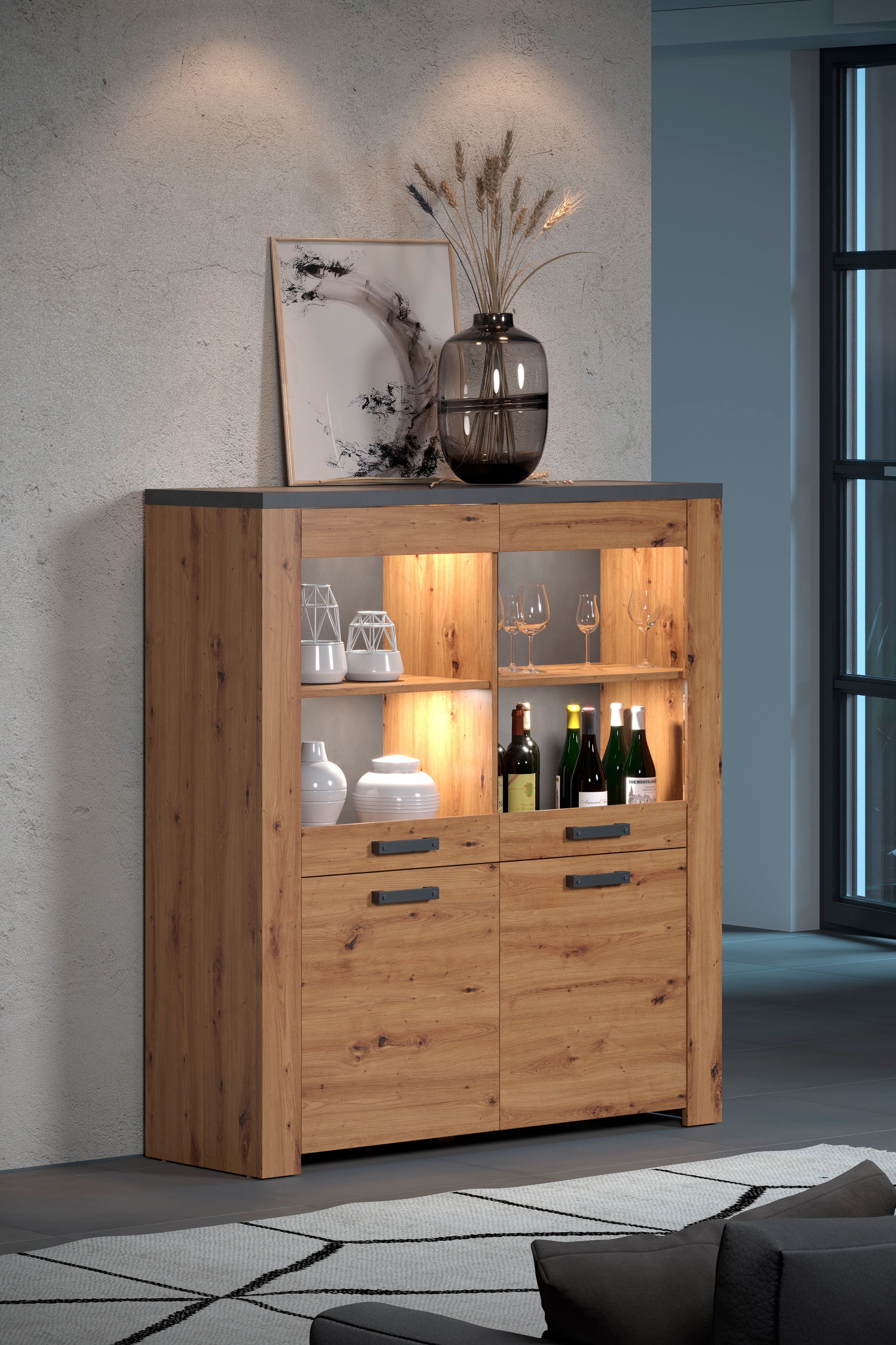 Home affaire Highboard »Ambres«, (1 St.), Vitrine, Echtholzoptik, ca. Maße BxH: 127x139 cm