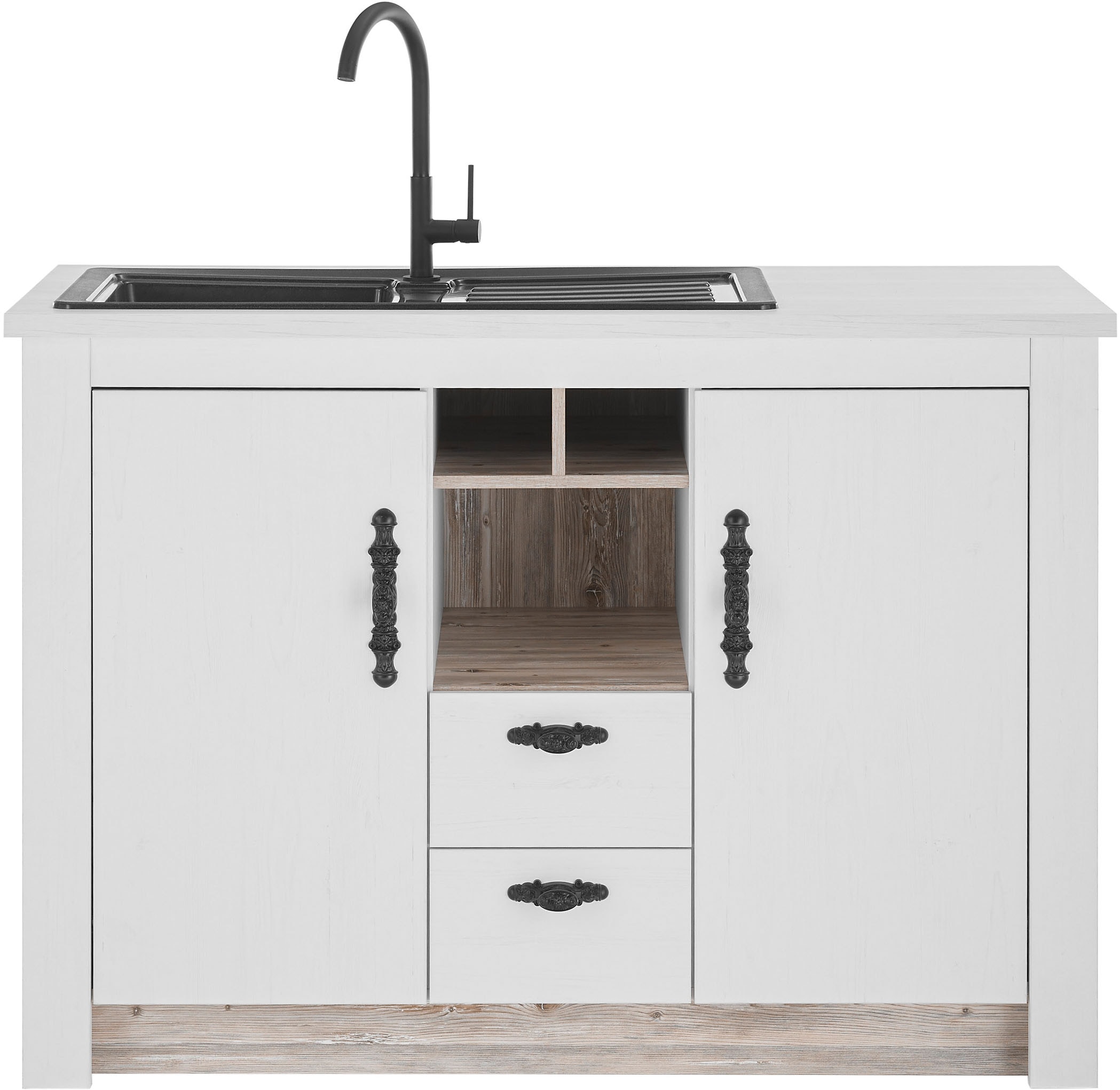Home affaire Spülenschrank »Florenz, Küchenunterschrank in Pinie Weiß, Unterschrank«, mit verschnörkeltem Metallgriff, im Landhausstil, Arbeitshöhe 92 cm