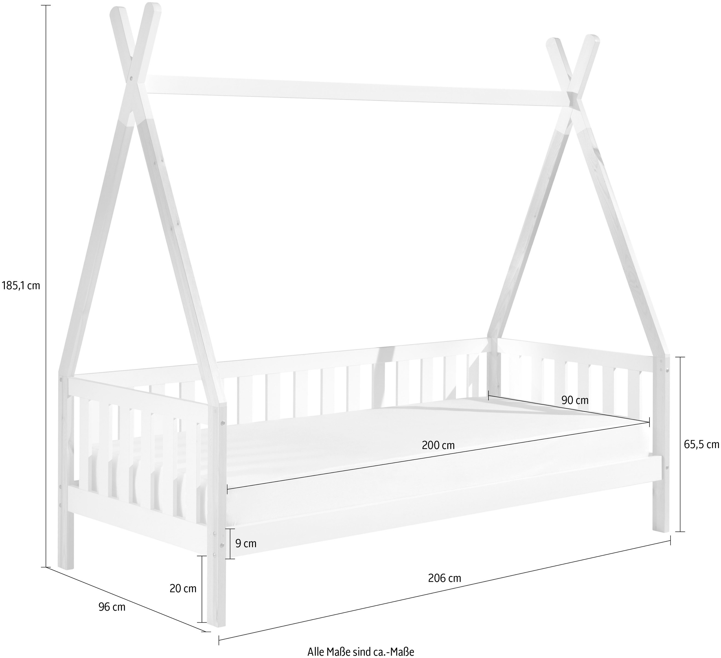 Vipack Kinderbett »Tipi, mit Querstange in Zelt-Optik, Kiefer massiv«, (B/H/T ca. 206x185,1x96cm, seitliche Sprossenumrandung), inklusive Rolllattenrost und wahlweise mit Bettschublade
