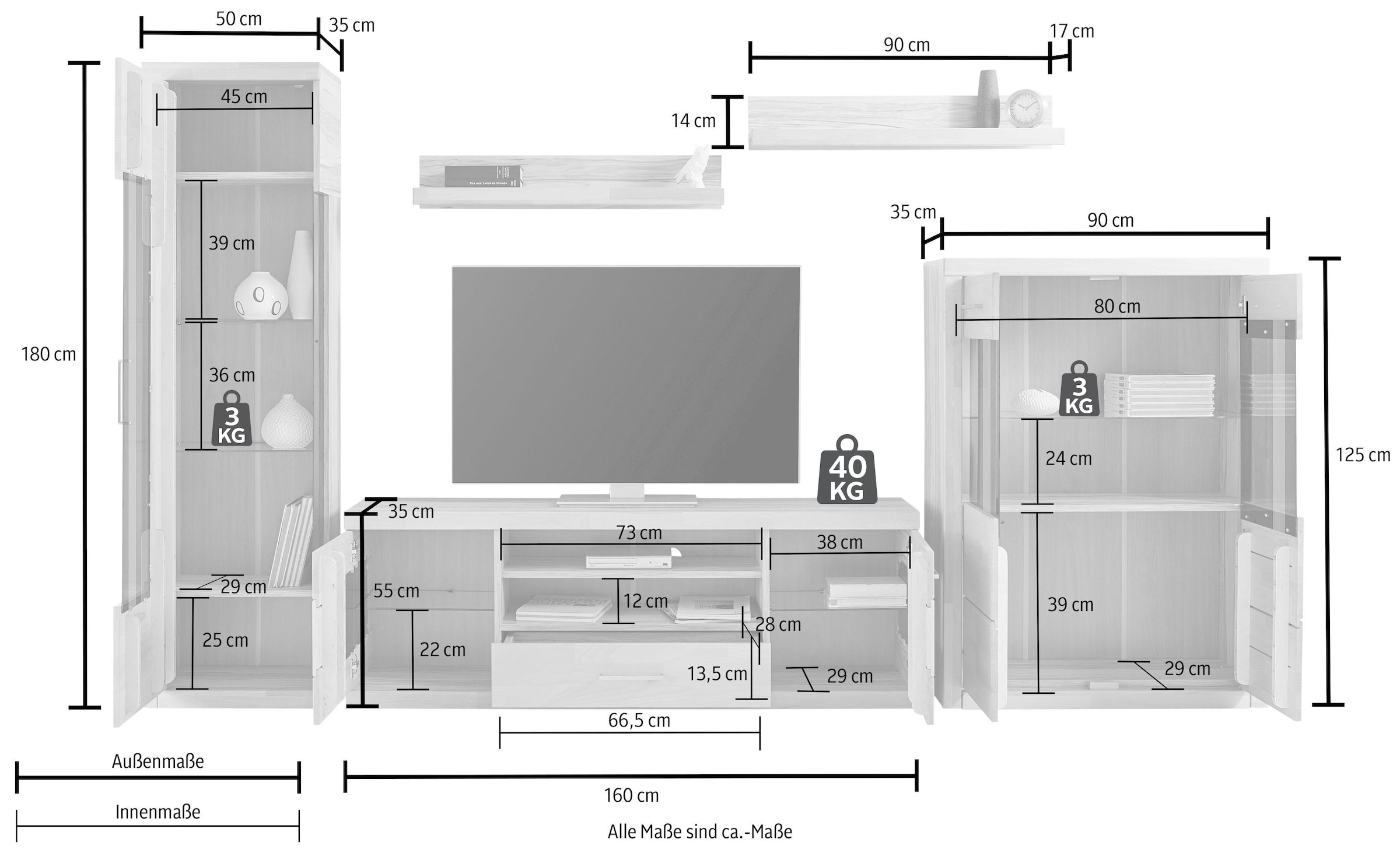 Home affaire Wohnwand »Ribe,Fronten Massivholz,Korpus Holzwekstoff,viel Stauraum«, (Set, 5 St.), Glaseinsatz aus gehärtetem Glas,Böden teilweise versetzbar
