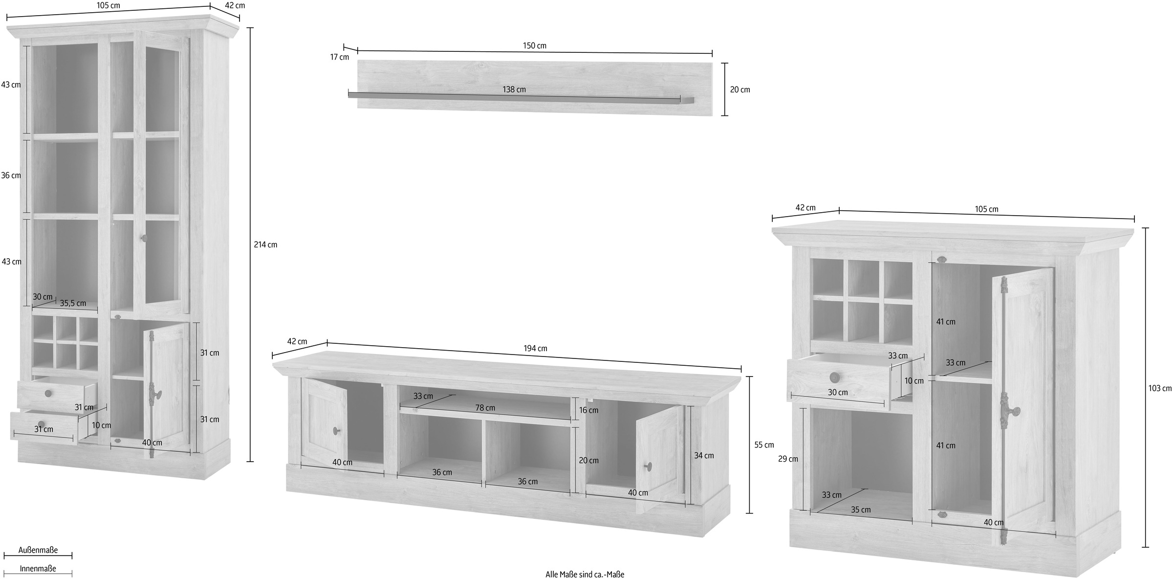 Home affaire Wohnwand »Cornwall, Anbauwand im Landhausstil, Wohnzimmer-Set, Eiche Dekor«, (Set, 4 St.), enthält Vitrine, Lowboard, Kommode, Wandboard, 424 cm breit