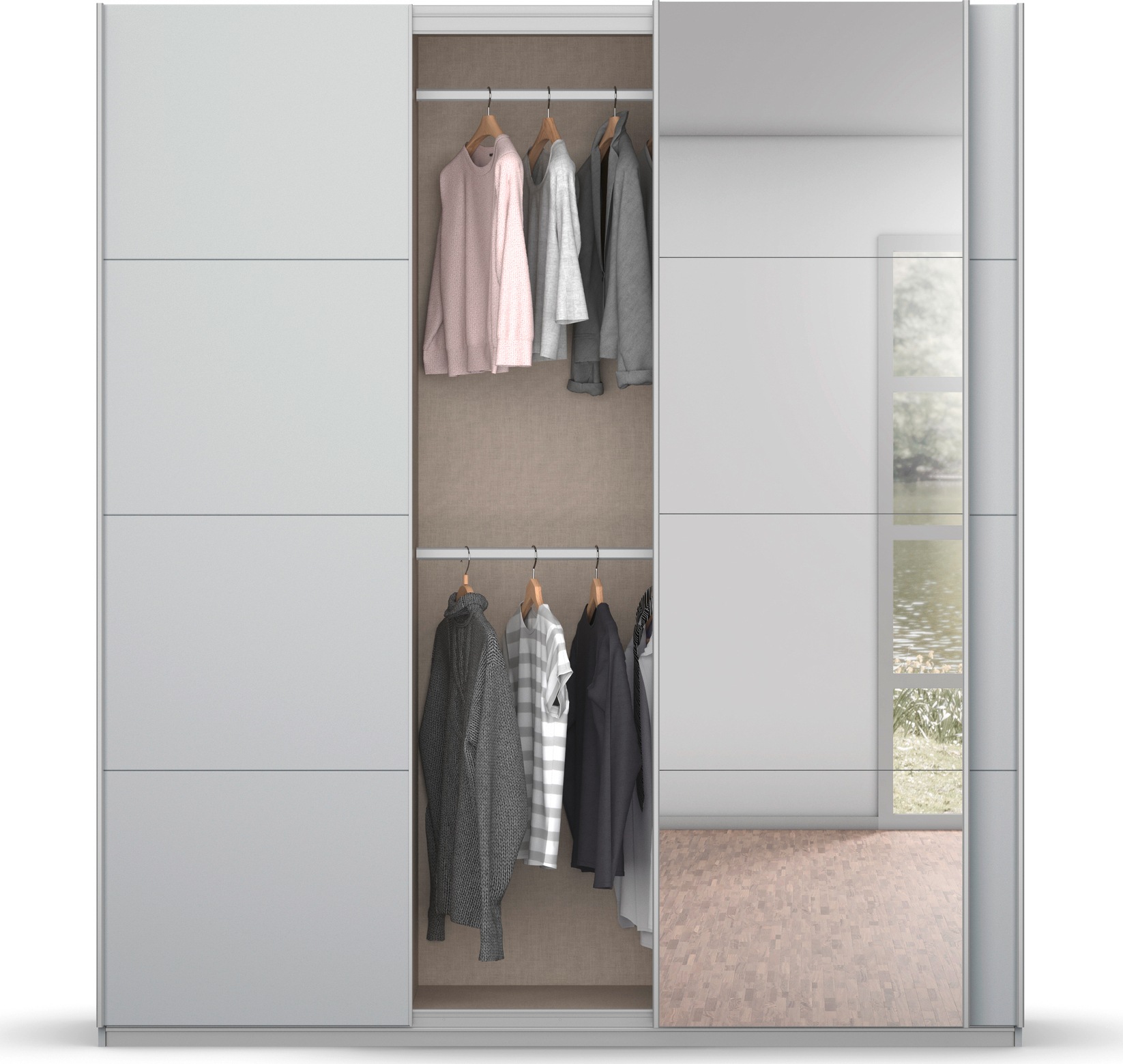 rauch Schwebetürenschrank »Kleiderschrank Schrank Garderobe KOLUNA mit Glastüren und Spiegel«, inkl. 2 Innenschubladen sowie extra Einlegeböden MADE IN GERMANY