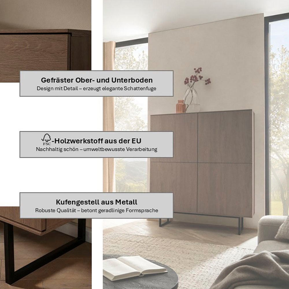 Home affaire Highboard »Lund, moderner Schrank, Kommode mit Kufengestell« optisch dünner Oberboden, hochwertige Optik, ausreichend Stauraum