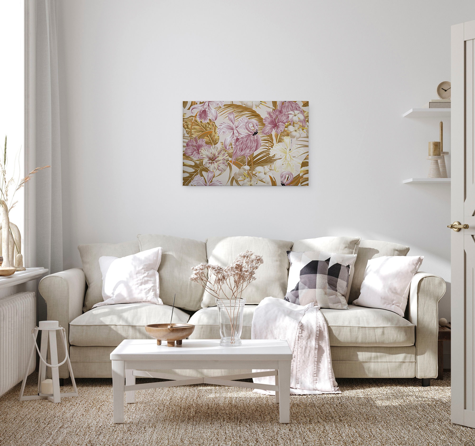 A.S. Création Leinwandbild »Flamingo Art«, Kunst-Blumen-Kinder, (1 St.), Dschungel Keilrahmen Flamingo Exotisch Hawaii Leinwand-Bild Wohnzimmer