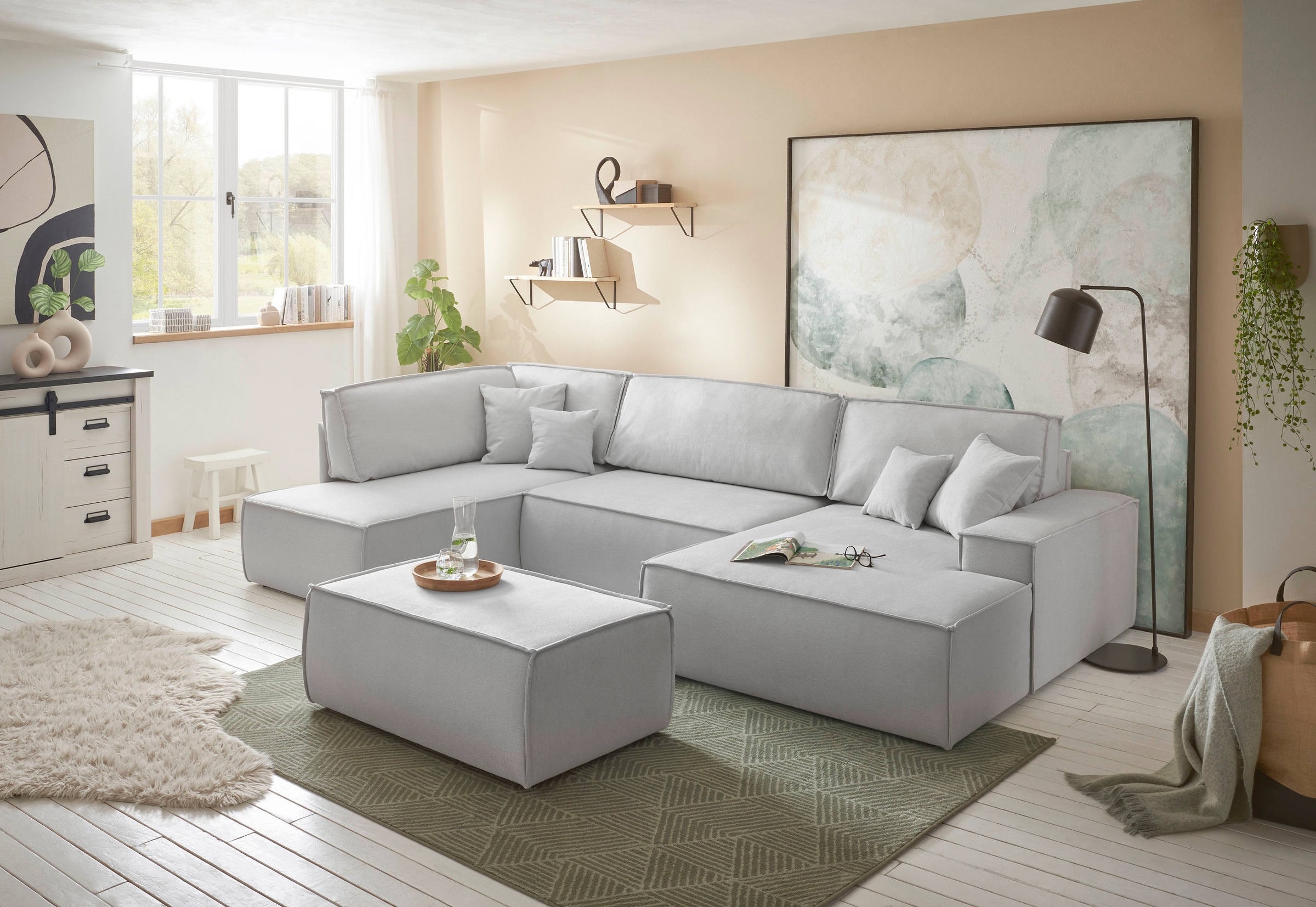 andas Wohnlandschaft »FINNLEY U-Form XXL 329 cm, Schlafsofa, Schlaffunktion m. Bettkasten«, (194/139 cm), Bouclé, Struktur und Cord