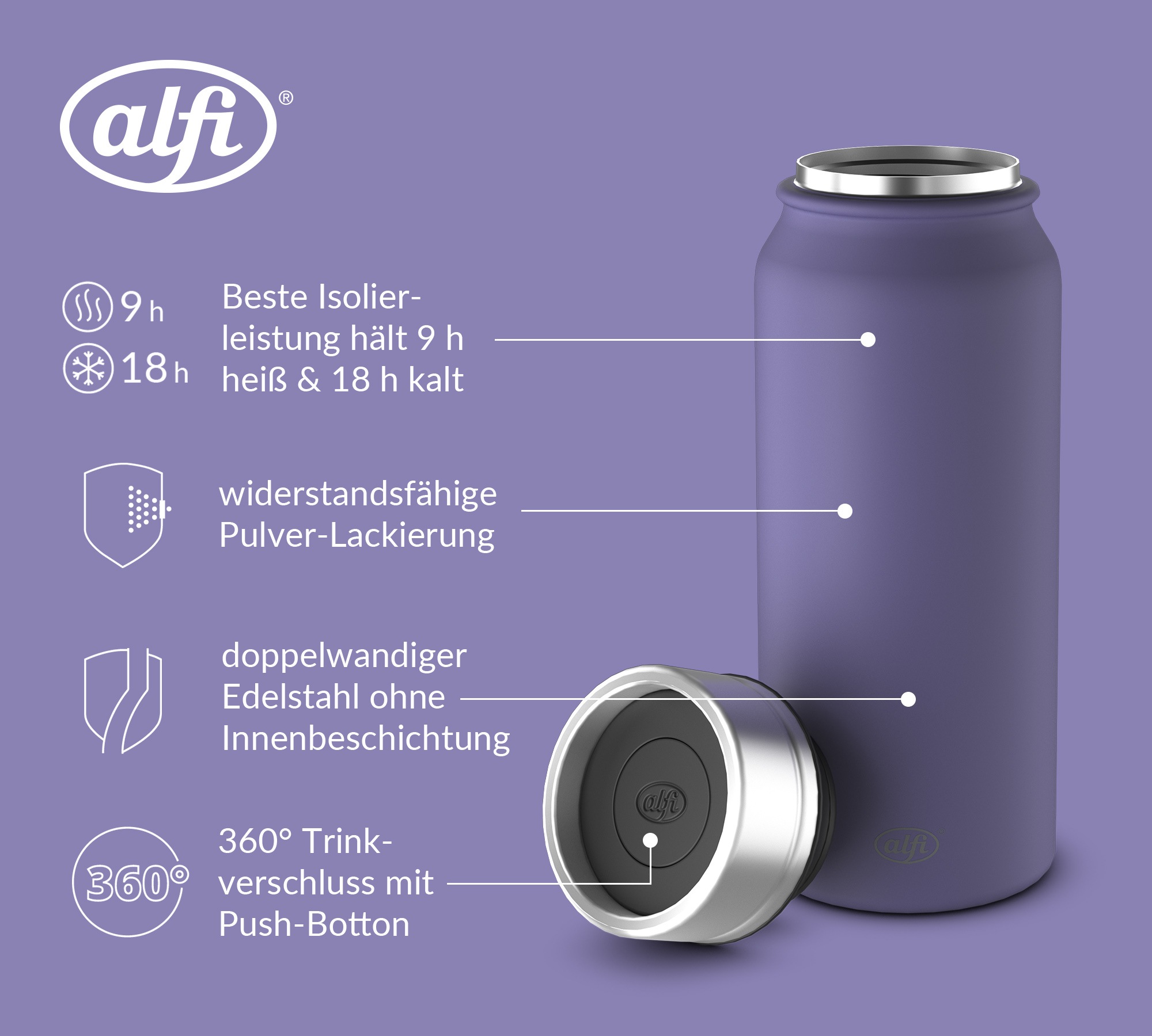 Alfi Thermobecher »PURE DRINKING MUG, absolut dicht, spülmaschinenfest« 0,50l, 9h heiß & 18h kalt, mit Druckknopf, Pulverbeschichtung