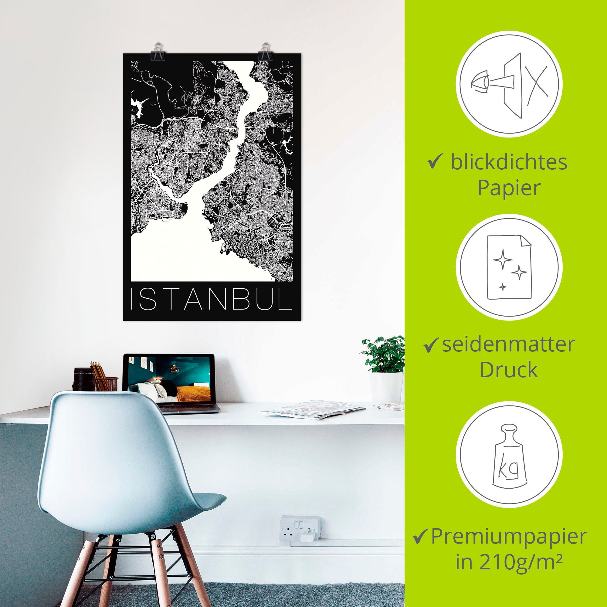 Artland Poster »Retro Karte Istanbul Schwarz & Weiß«, Landkarten, (1 St.), als Alubild, Leinwandbild, Wandaufkleber oder Poster in versch. Größen