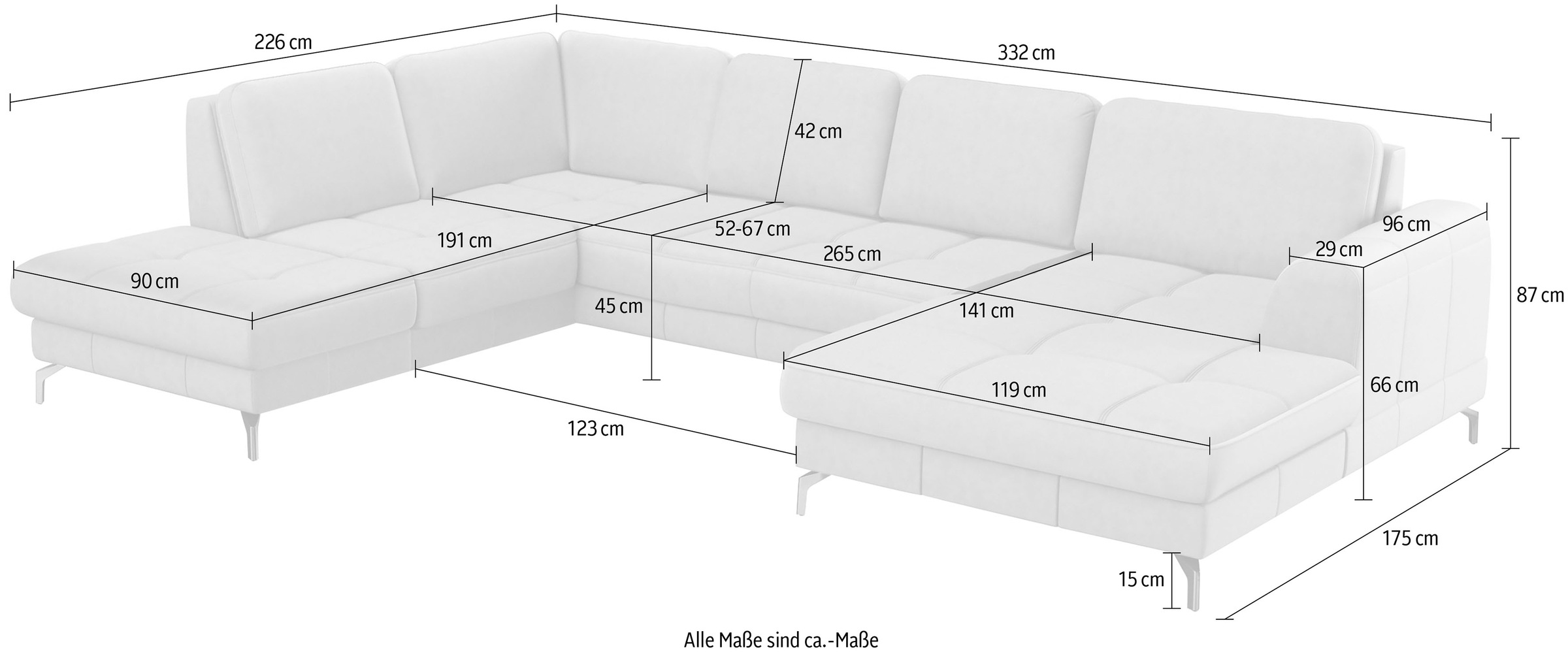 sit&more Wohnlandschaft »Bendigo U-Form«, inklusive Sitztiefenverstellung, Bodenfreiheit 15 cm, in 2 Fußfarben