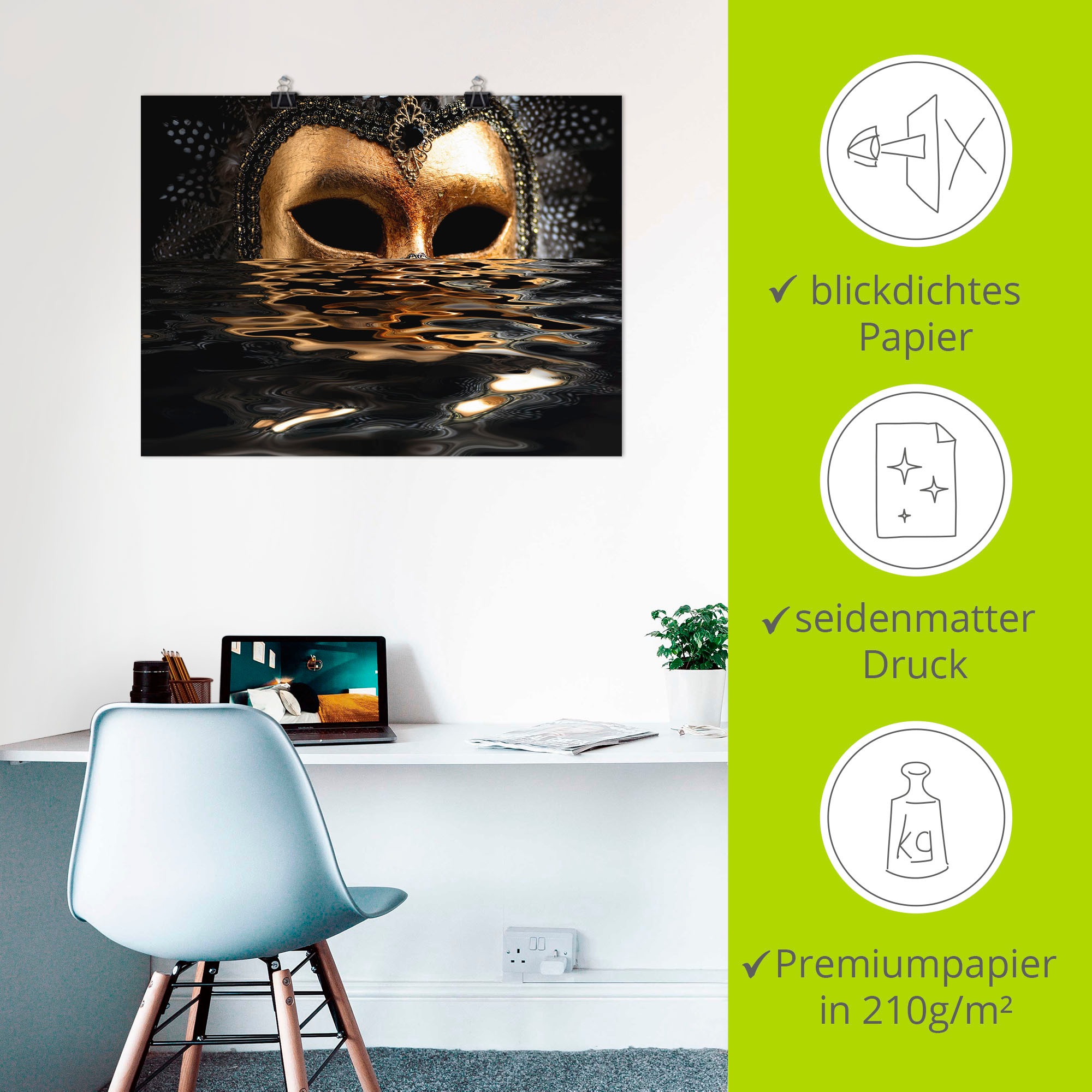 Artland Wandbild »Venezianische Maske mit Blattgold«, Karneval, (1 St.), als Alubild, Outdoorbild, Leinwandbild, Poster, Wandaufkleber