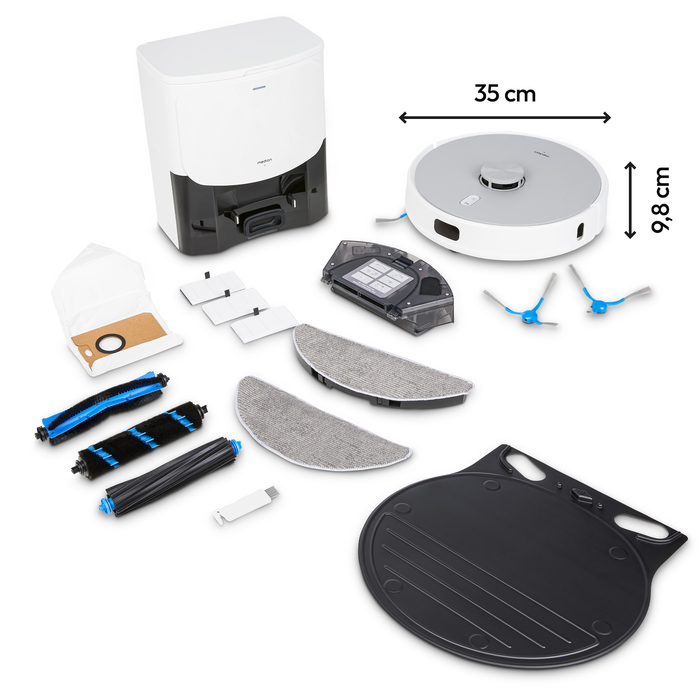 Medion® Saugroboter »X42 SW+ mit Absaugstation, 8.000 Pa Saugleistung, 240min Laufzeit«, Nass- und Trocken Saugroboter, Teppicherkennung, Lasernavigation