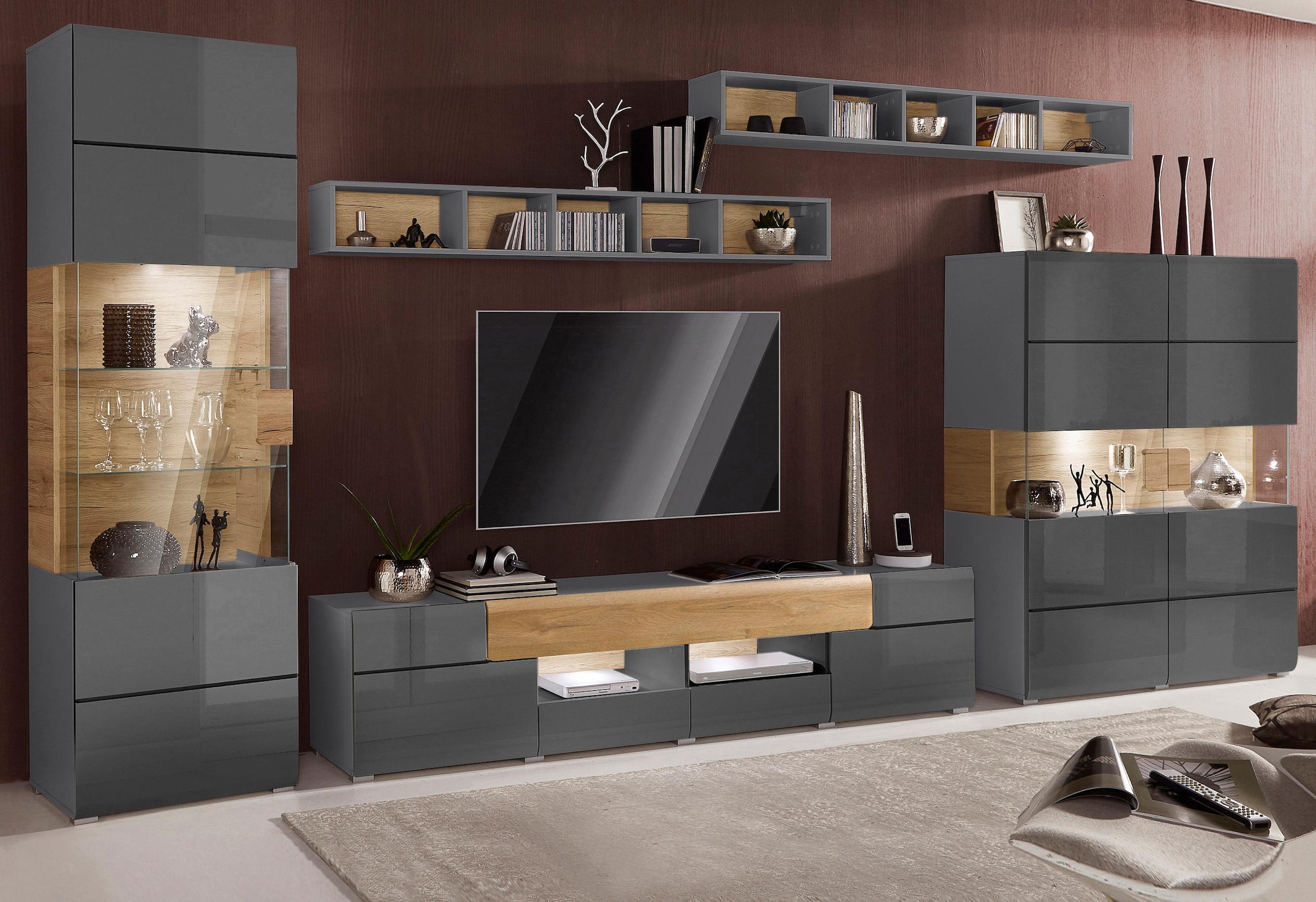 INOSIGN Wohnwand »Toledo,Breite 391cm stilvolle Mediawand ohne Beleuchtung«, (Set, 5 St.), Anbauwand(Vitrine,Lowboard,Highboard,2xHängeregal)MDF Hochglanzfronten