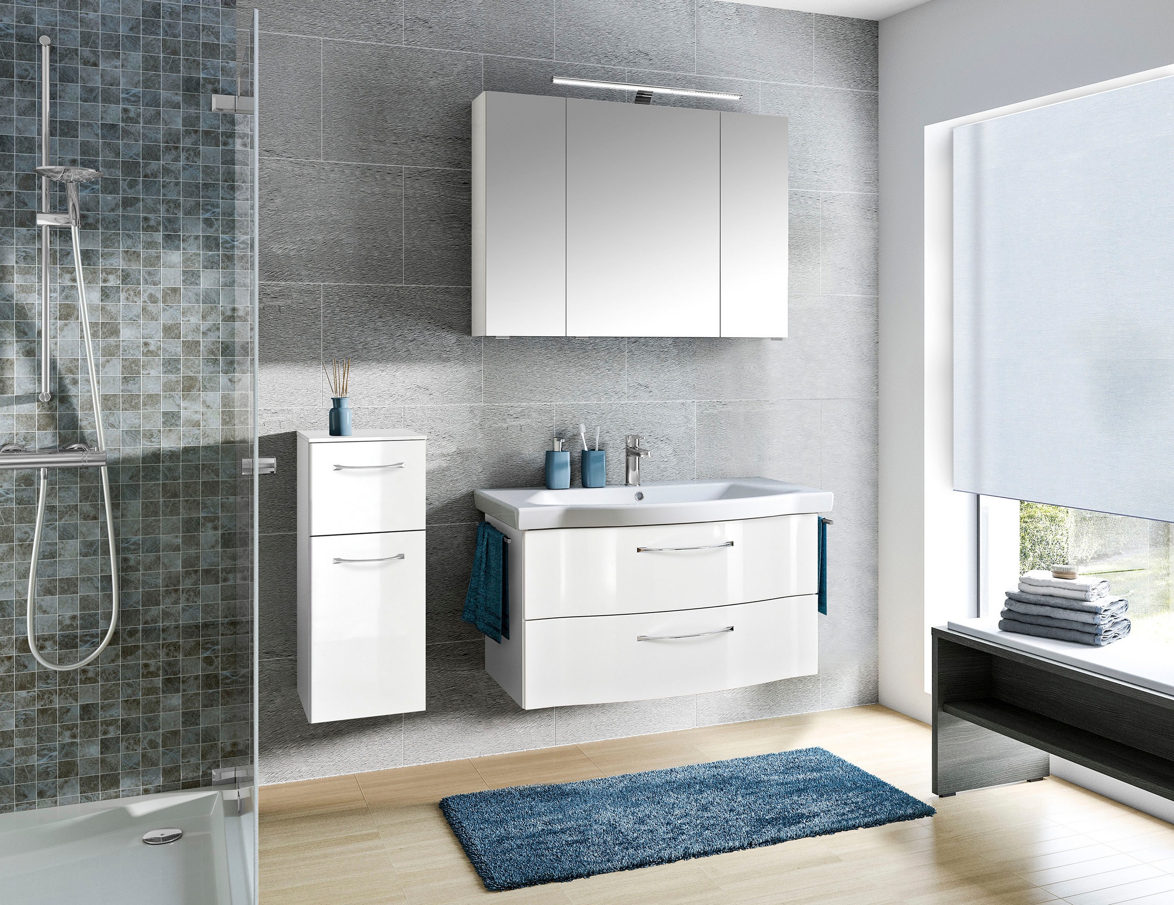 Saphir Badmöbel-Set »6005 Sprint 3-teilig, Keramik-Waschtisch mit LED-Spiegelschrank«, (4 St.), Unterschrank, inkl. Türdämpfer, 4 Türen, 3 Schubladen, Bad-Set