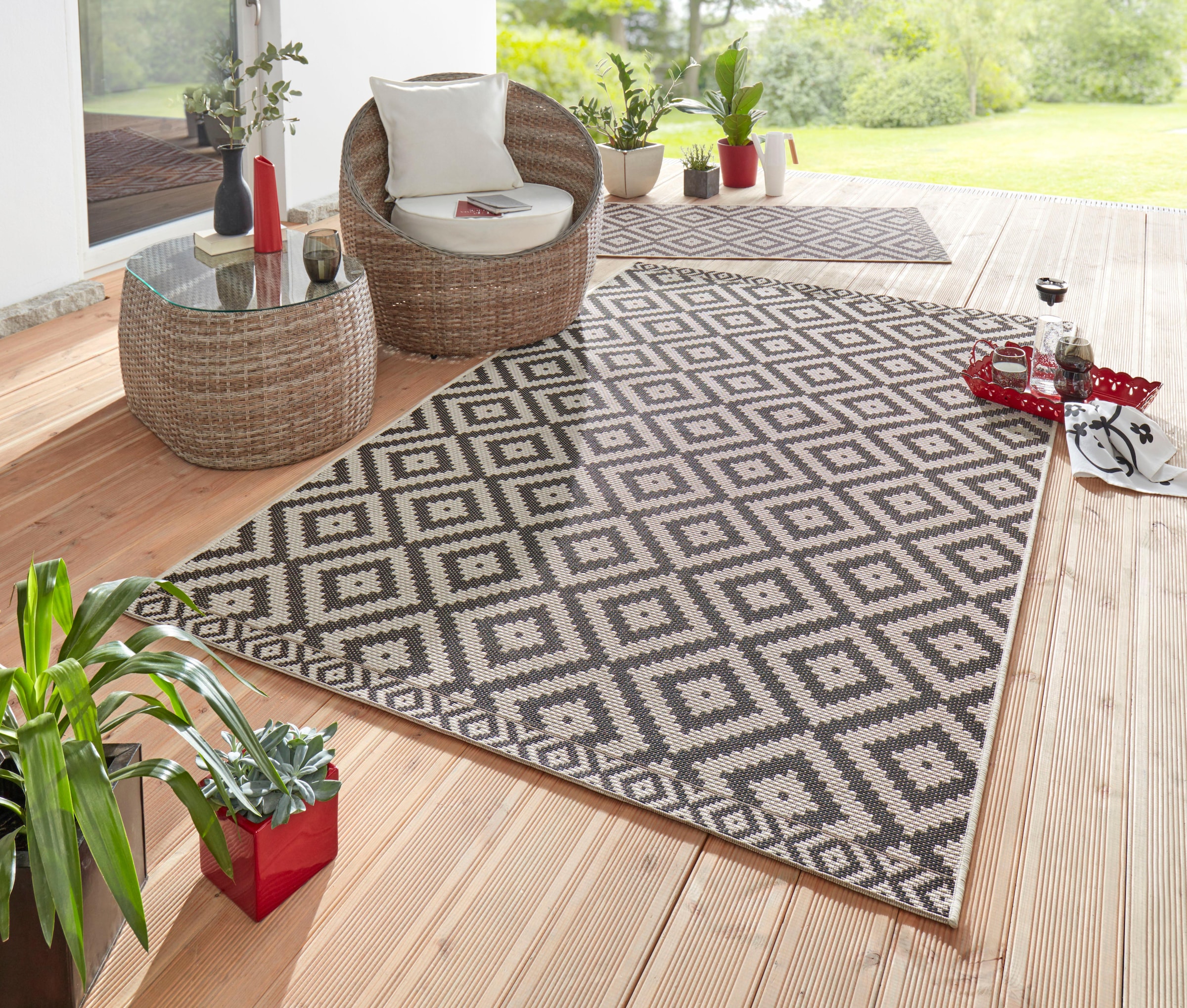 freundin Home Collection Teppich »Summer«, rechteckig, 4 mm Höhe, In-und Outdoor geeignet, Rauten Design, Pflegeleicht, Flachgewebe