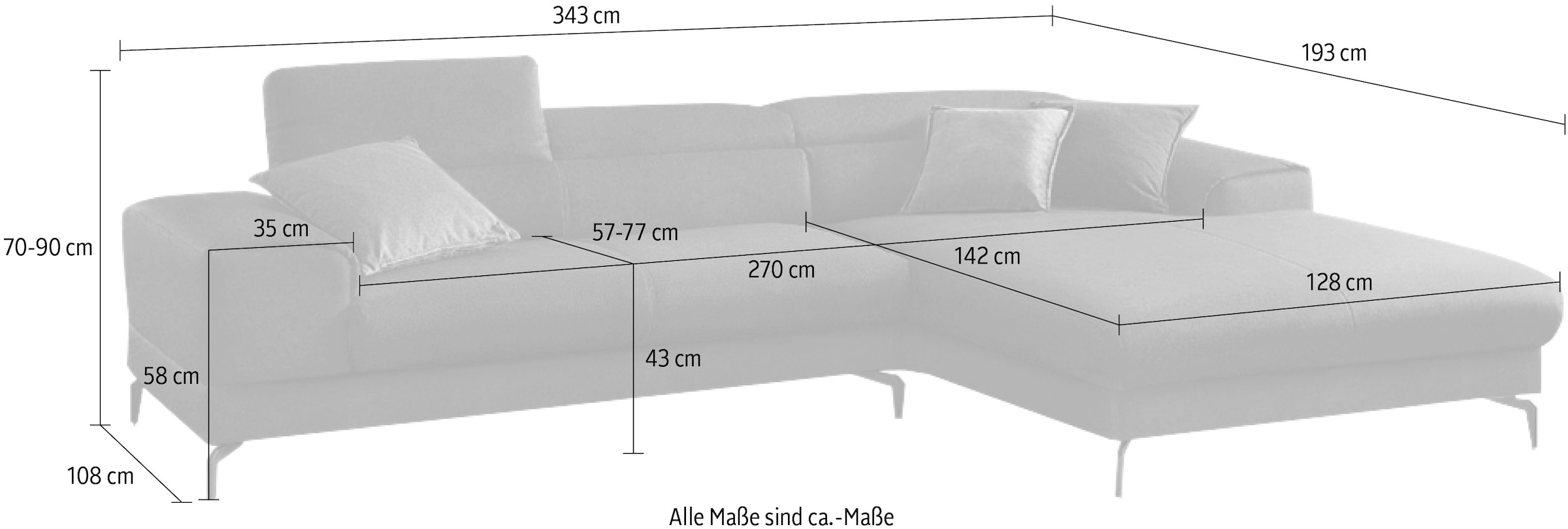 W.SCHILLIG Ecksofa »piedroo«, Kopfteilverstellung, wahlweise mit Sitztiefenverstellung, Breite 343cm