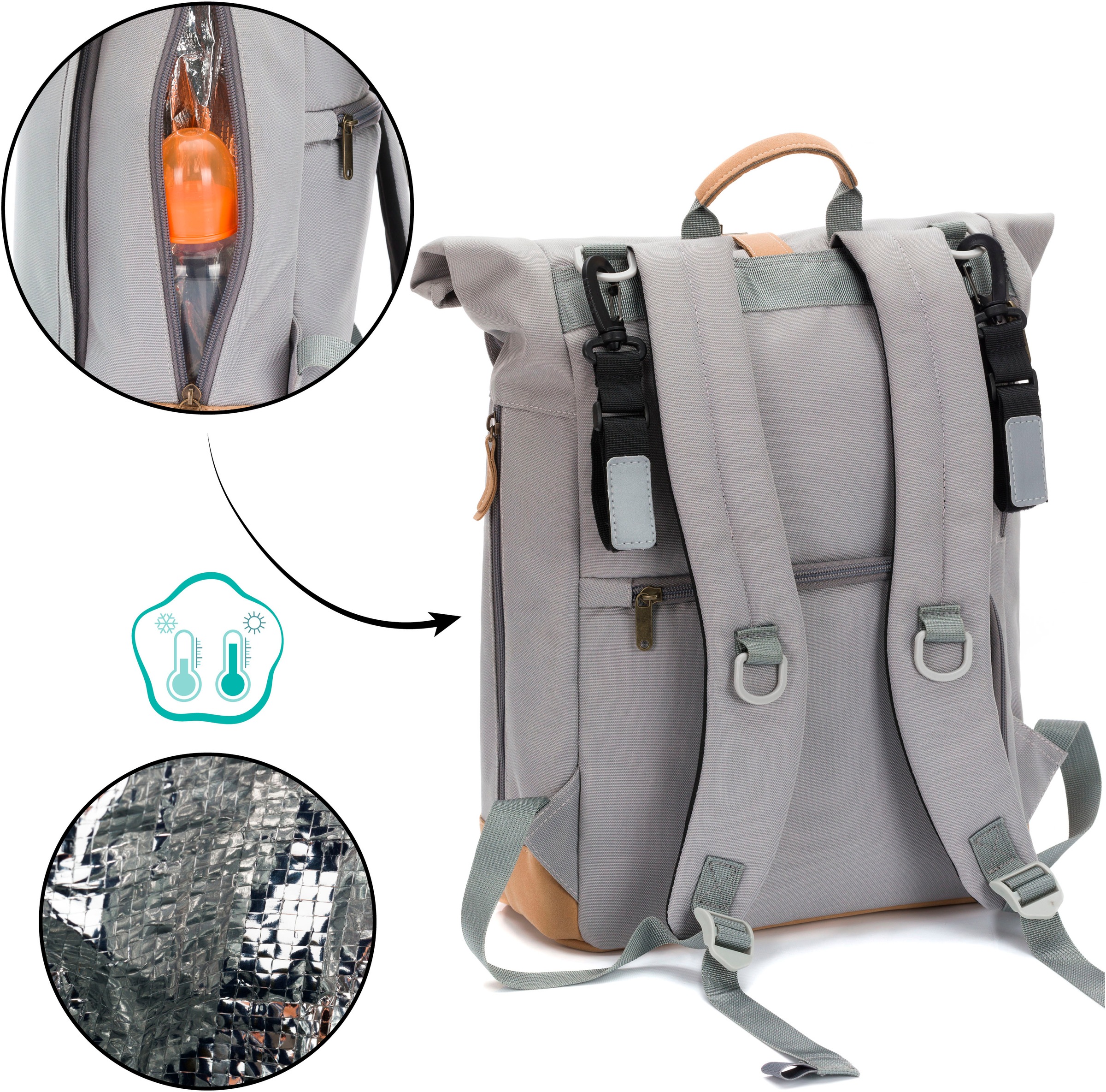 Fillikid Wickelrucksack »Rolltop Berlin grau«, Reflektoren, inkl. Wickeltunterlage