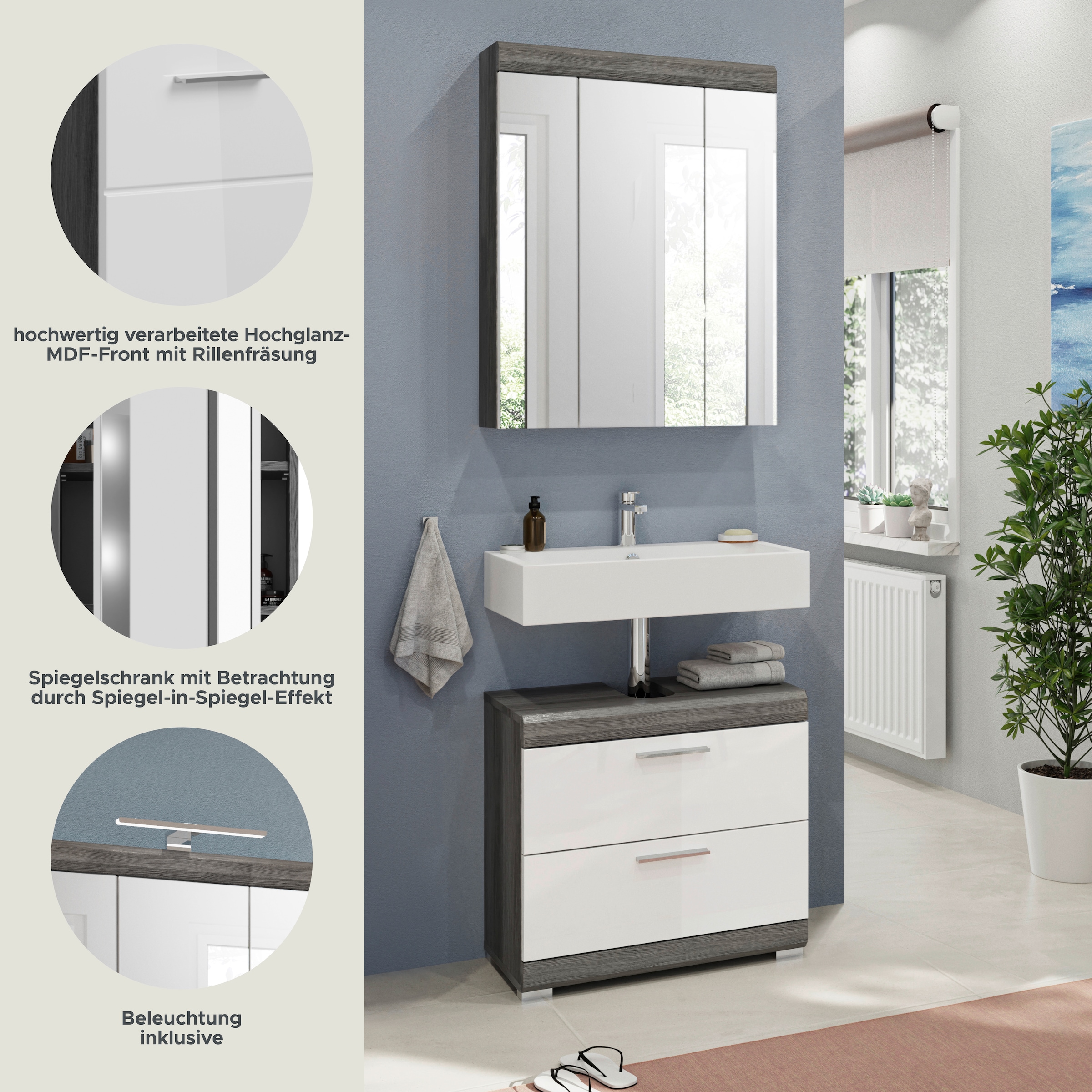 INOSIGN Badmöbel-Set »Siena, 2 tlg., bestehend aus: Waschbeckenunterschrank, Spiegelschrank«, (Set, 2 St.), in verschiedenen Farben erhältlich, Badmöbel, Kombination, Badezimmer