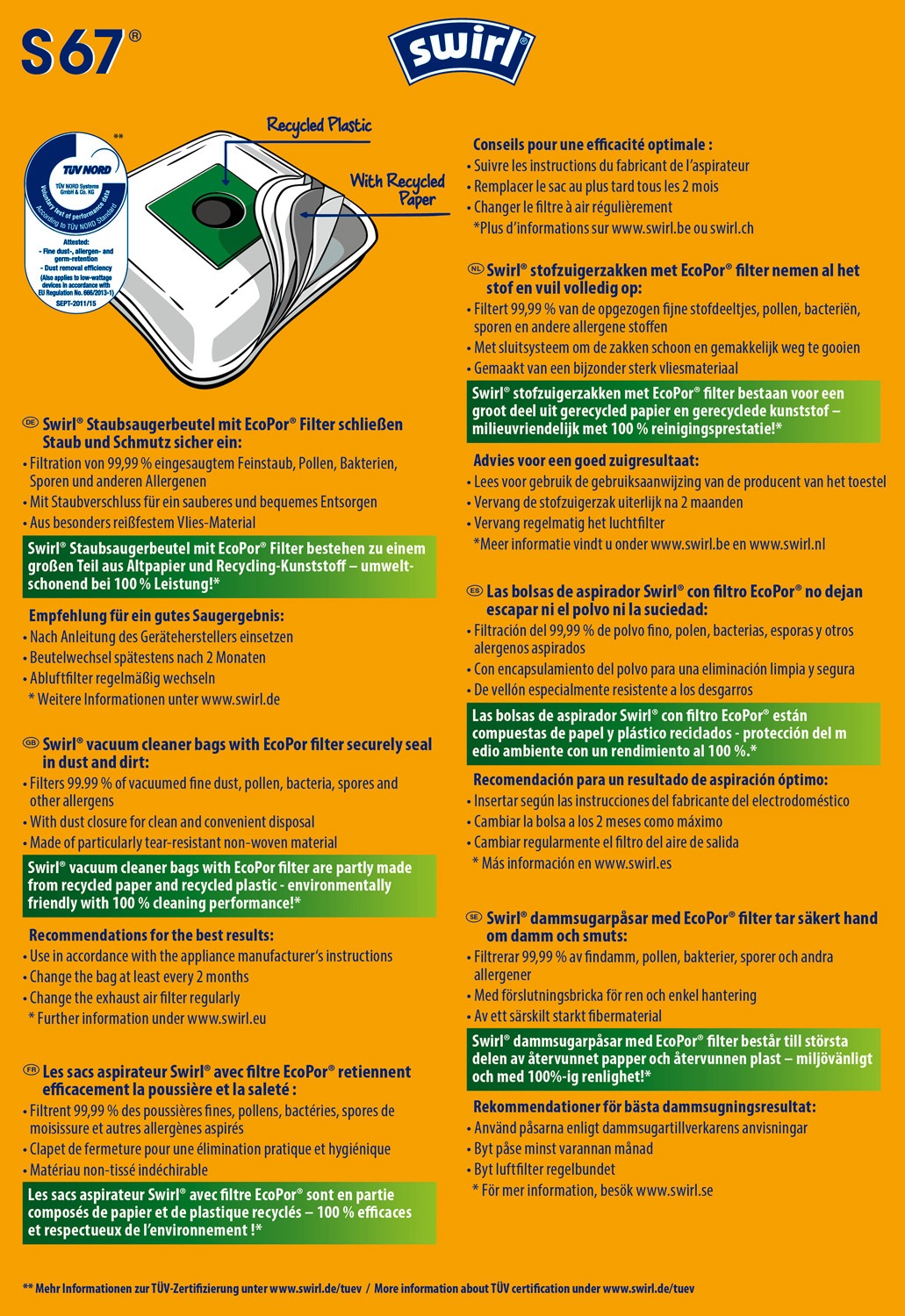 Swirl Staubsaugerbeutel »Swirl® S 67 EcoPor® XL Vorteilspack für Siemens und Bosch«, (Packung, 11 St.)