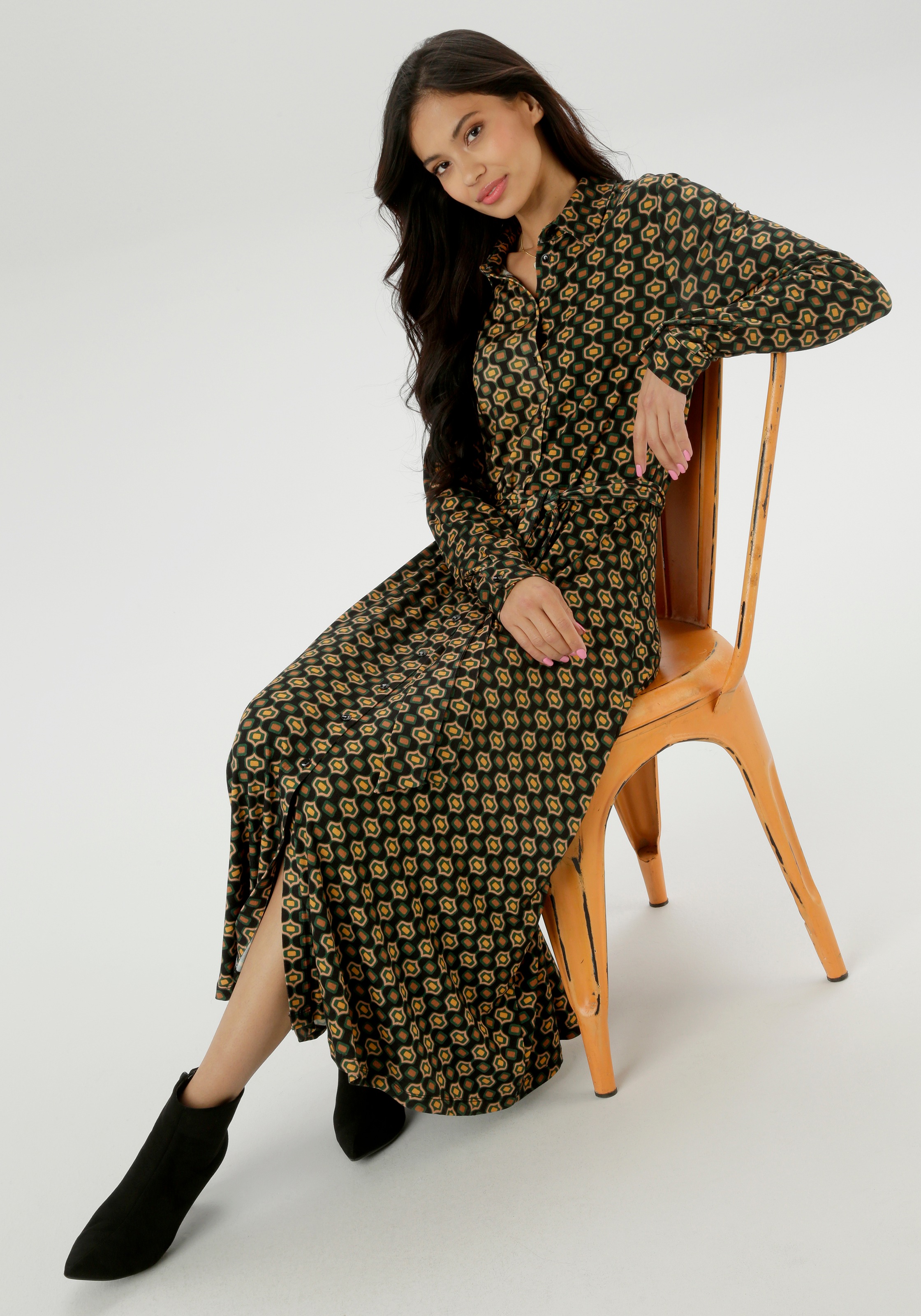 Aniston SELECTED Jerseykleid, mit Retromuster und abnehmbarem Bindeband - NEUE KOLLEKTION