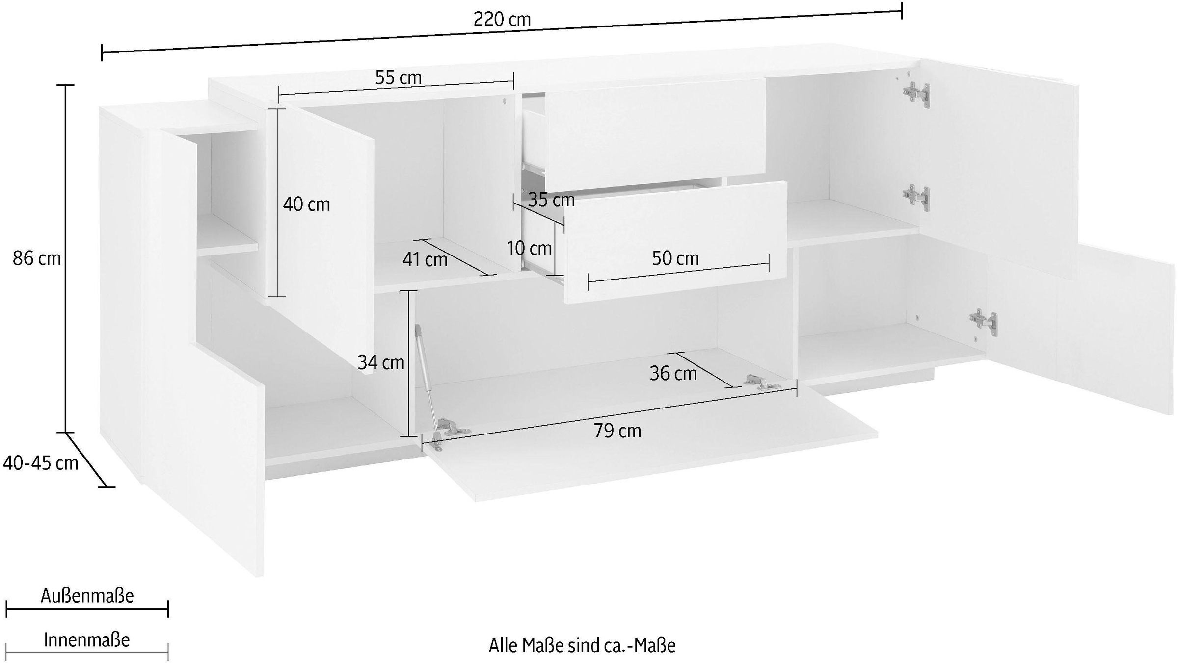 INOSIGN Sideboard »Coro, Kommode, Schrank, Kredenz, grifflos mit Einlegeböden«, 1 Klappe,4 Türen,2 Schubkästen Doppeltiefe, Breite 220