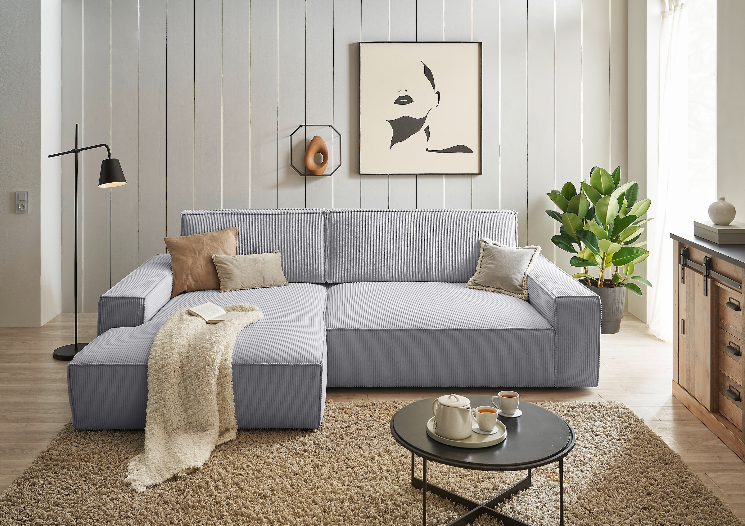 Home affaire Ecksofa »NEU: SHERWOODL XXL 284, Big-Sofa L-Form, tiefe Sitzfläche 95 cm, Cord,«, Leinenoptik, Recamiere rechts/links, auch als Schlafsofa stellbar