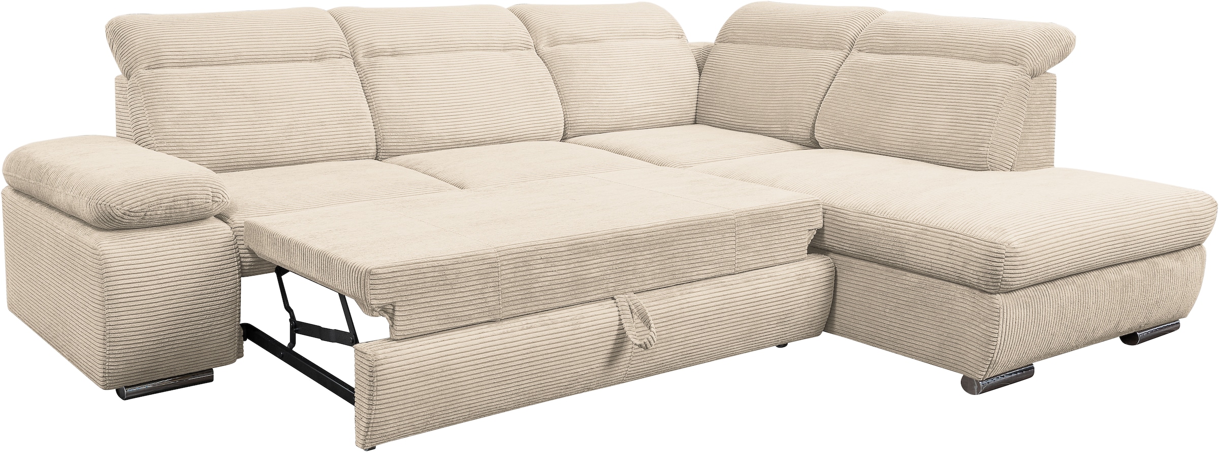 WERK2 Ecksofa »Alicante Cord, inkl. Bettfunktion & Bettkasten, Breite 280cm, L-Form« Schlafsofa mit Bettkasten & verstellbaren Kopfstützen.