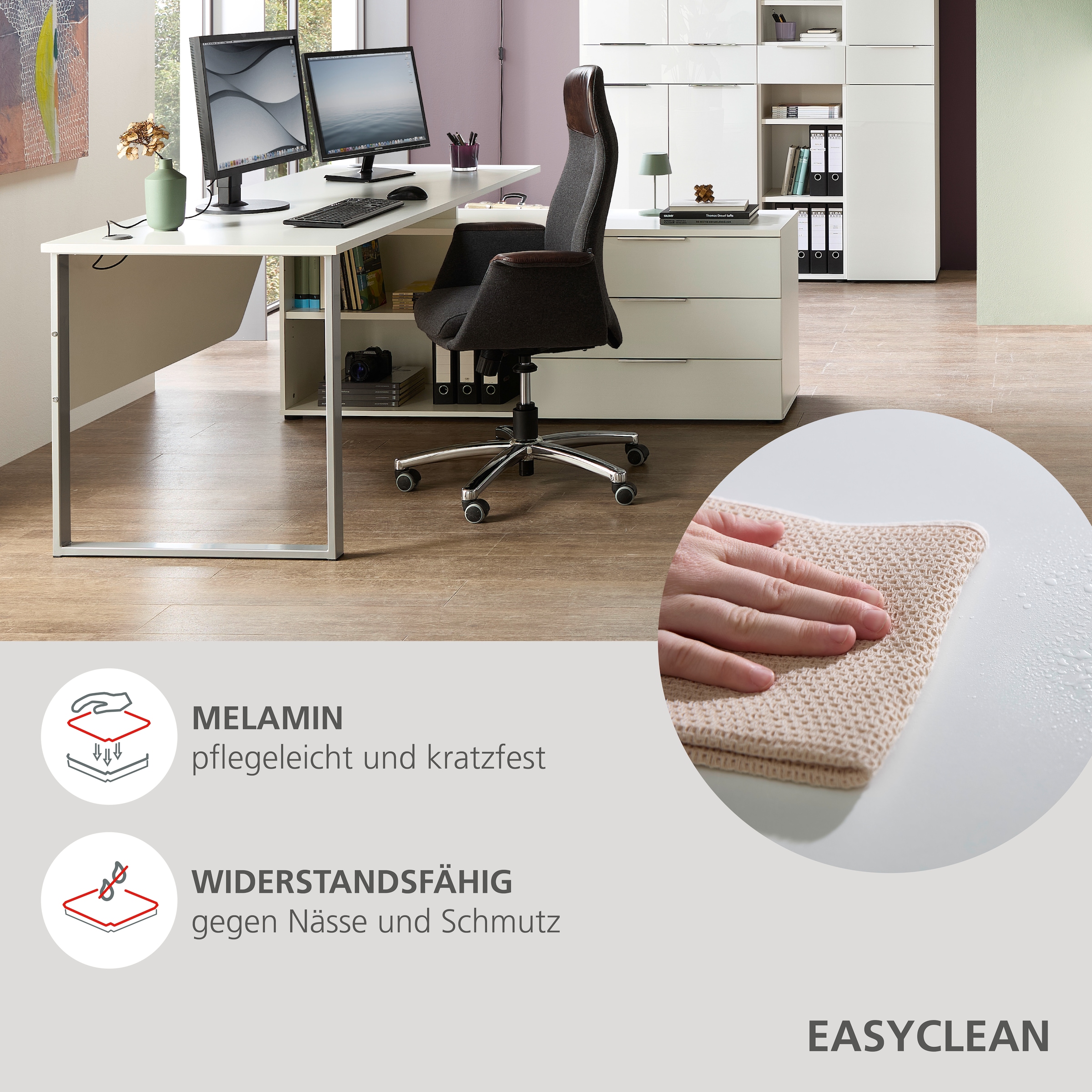 Innostyle Schreibtisch »Schreibtisch Santorin, 180/77/160 cm ( B/H/T)« 1 Stk. tlg. Tischplatten: kratzfest und wasserfest, 3 Schubladen, 2 Fächer