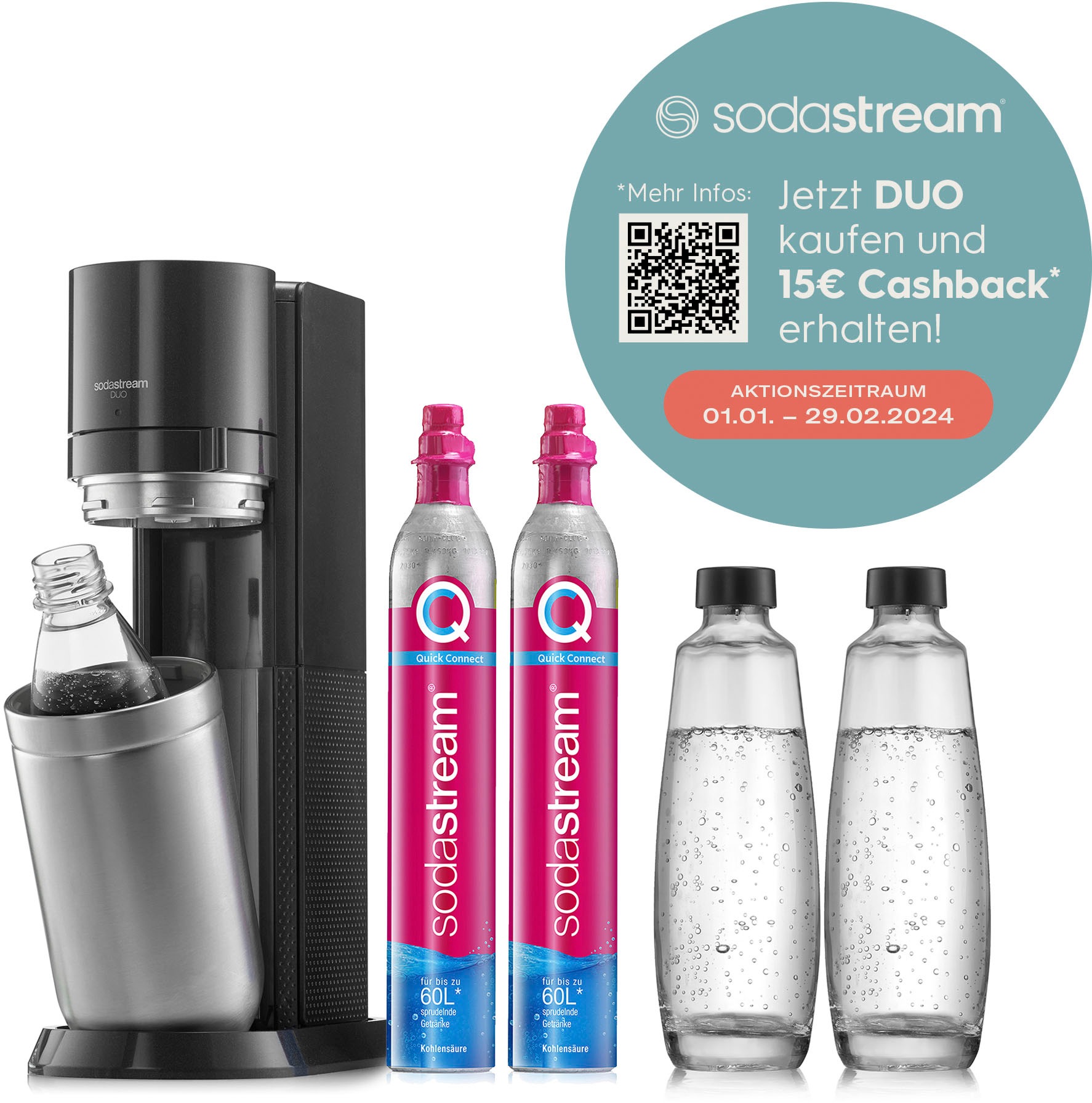 SodaStream Wassersprudler »DUO« Vorteilspack«, (Set, SodaStreamSprudler auf 6 tlg.), Kunststoffflasche Rechnung kaufen DUO,CO2Zylinder,1L Glasflasche+1L