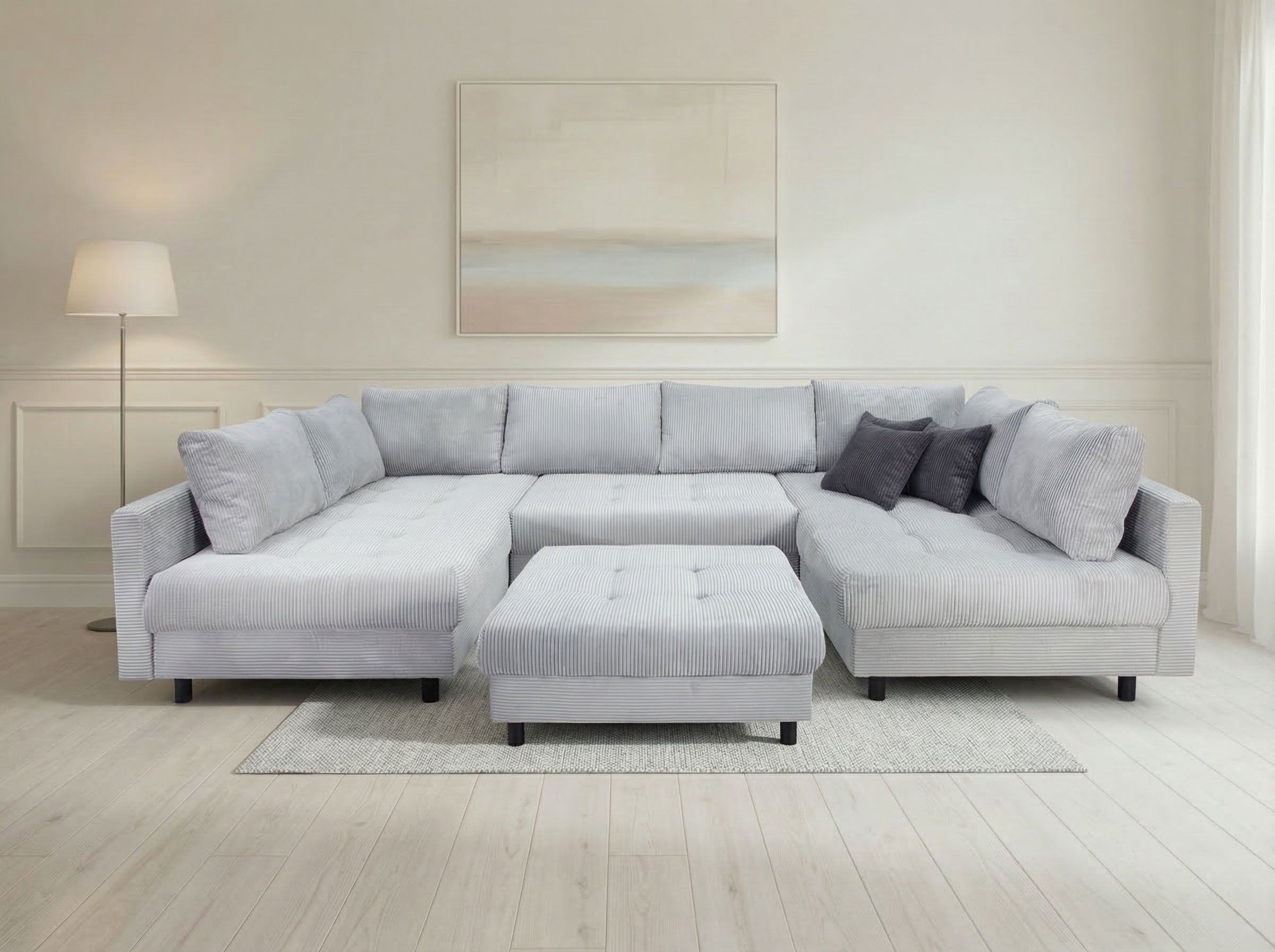 OTTO home Wohnlandschaft »Antonia U-Form, B: 298 cm, inkl. Hocker, Federkernpolsterung« extra große Liegefläche, 282x178cm, inkl. 3 Zierkissen