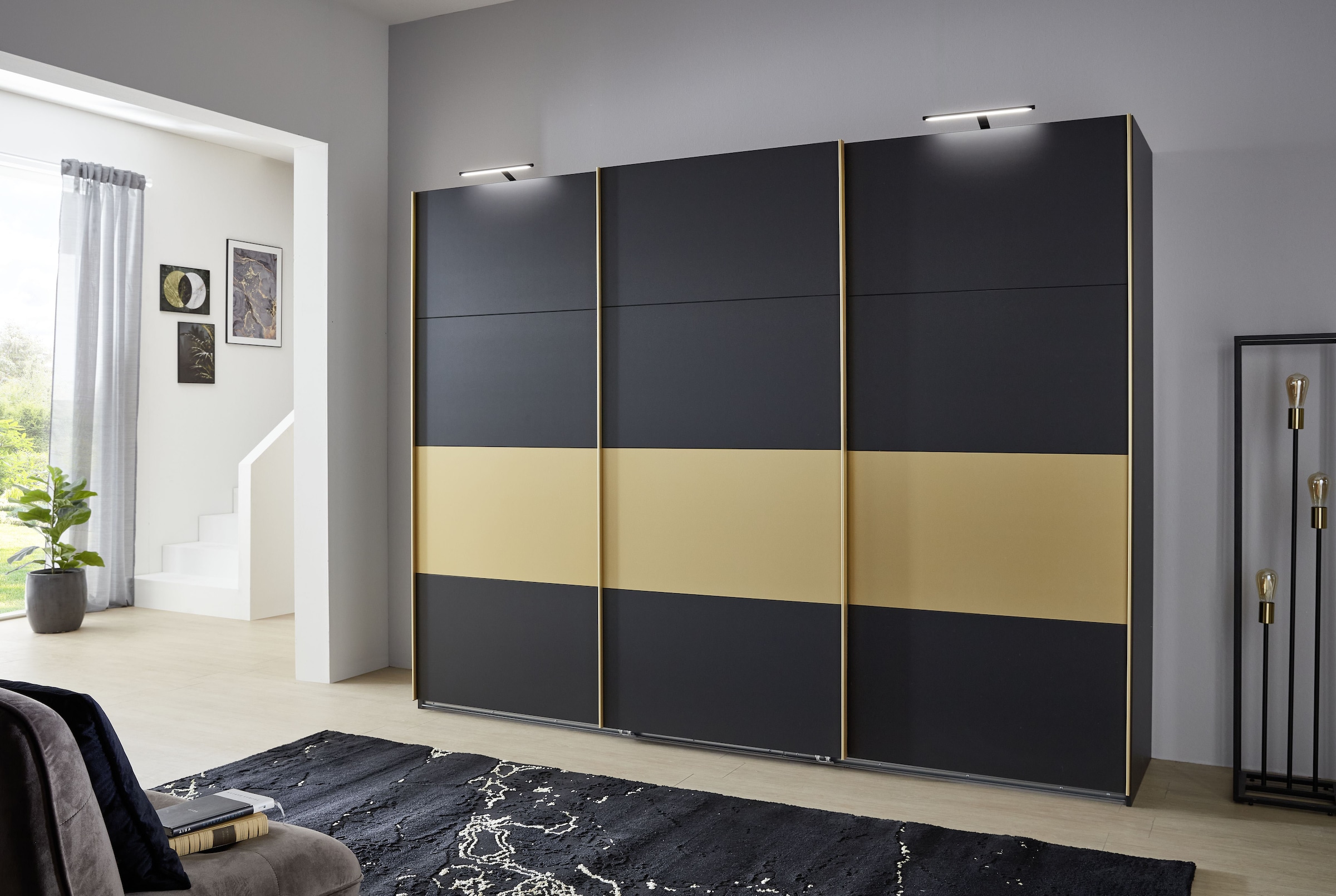 Wimex Schwebetürenschrank »Dubai, erhältlich in zwei Breiten, MADE IN GERMANY«, mit goldfarbigen Absetzungen, wahlweise mit 2 oder 3 Türen