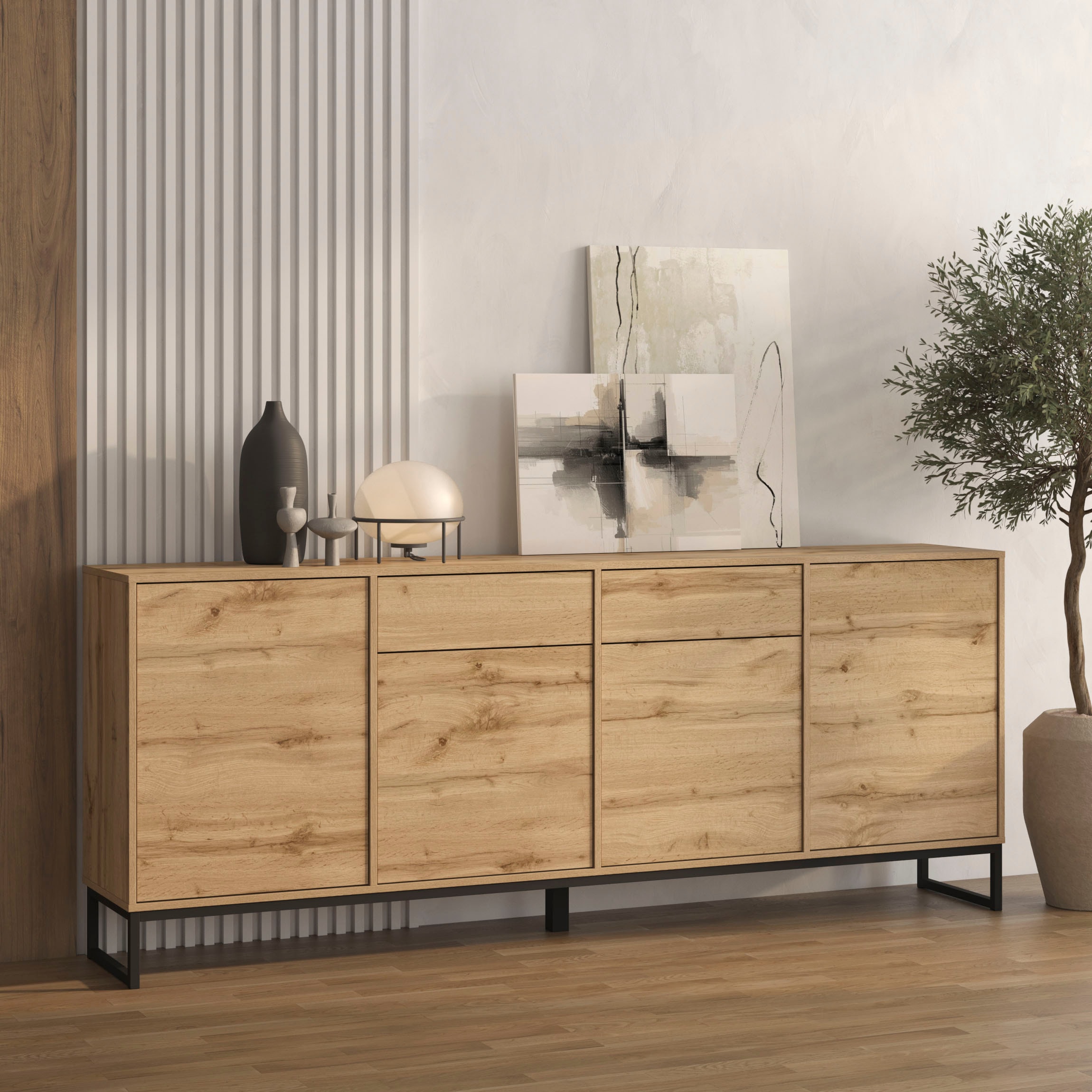 OTTO home Sideboard »Loft, Breite 208,5 cm, grifflose Kommode 4 Türen/2 Schubkästen.« Schubladenschrank mit viel Stauraum, Einlegeböden verstellbar