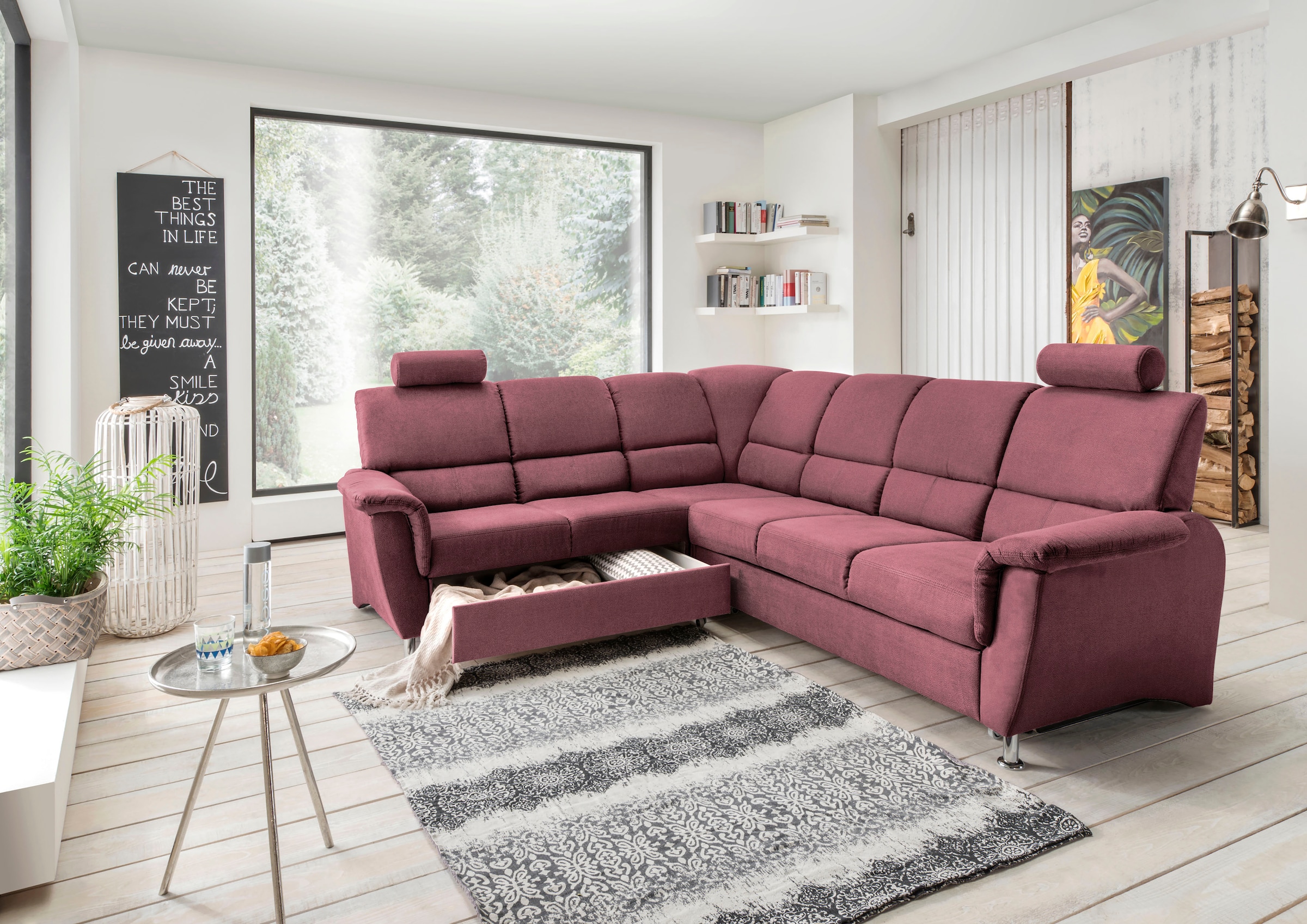 Home affaire Ecksofa »Pisa L-Form, mit Schlaffunktion, Stauraum, 2x höhenverstellbare«, Kopfstützen und Relaxfunktion im Eckelement
