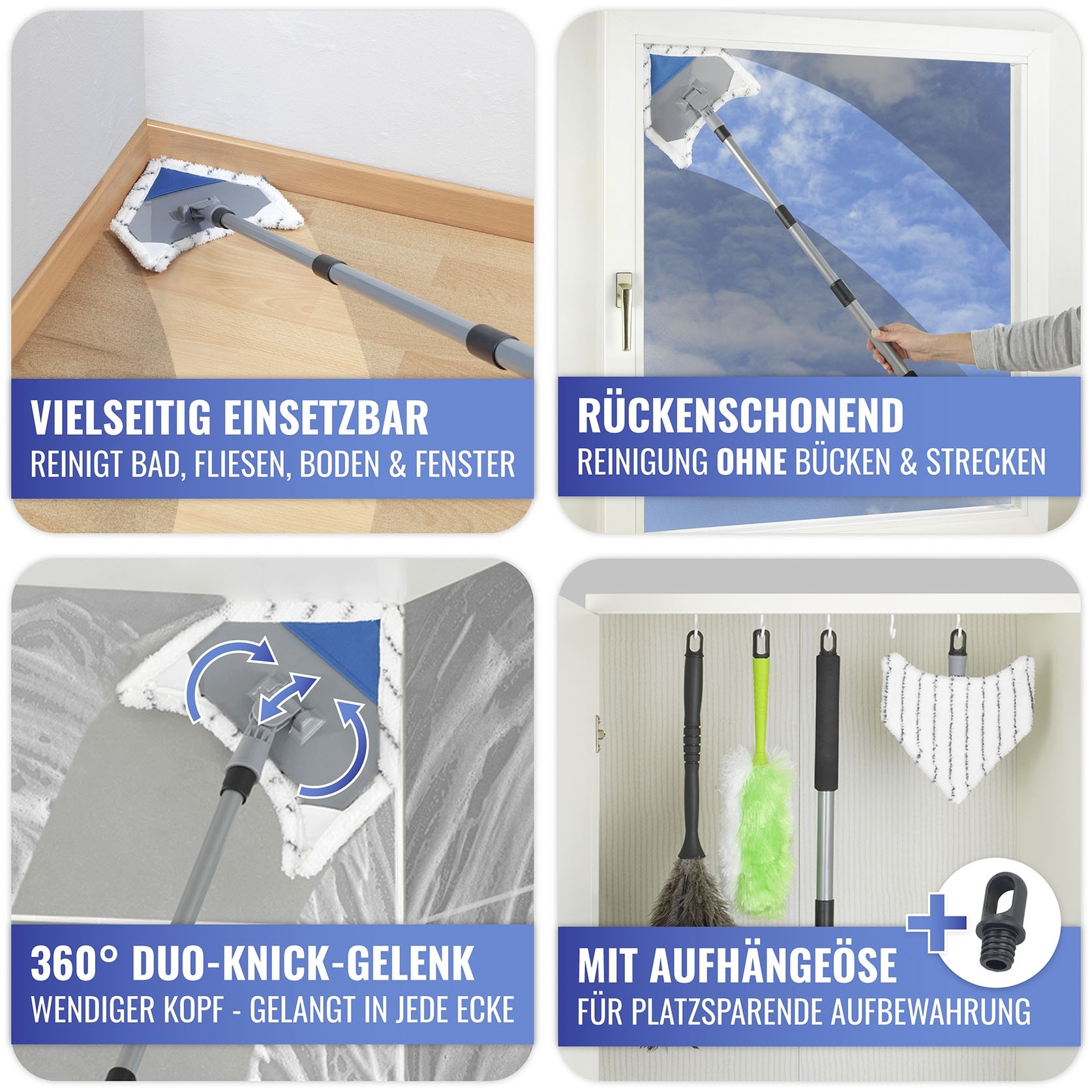Maximex Bodenwischer-Set »Multiflex-Wischer inkl. Teleskopstiel«, (Set, 5 St.), für Fliesen, Fenster und Böden, mit Aufhangöse